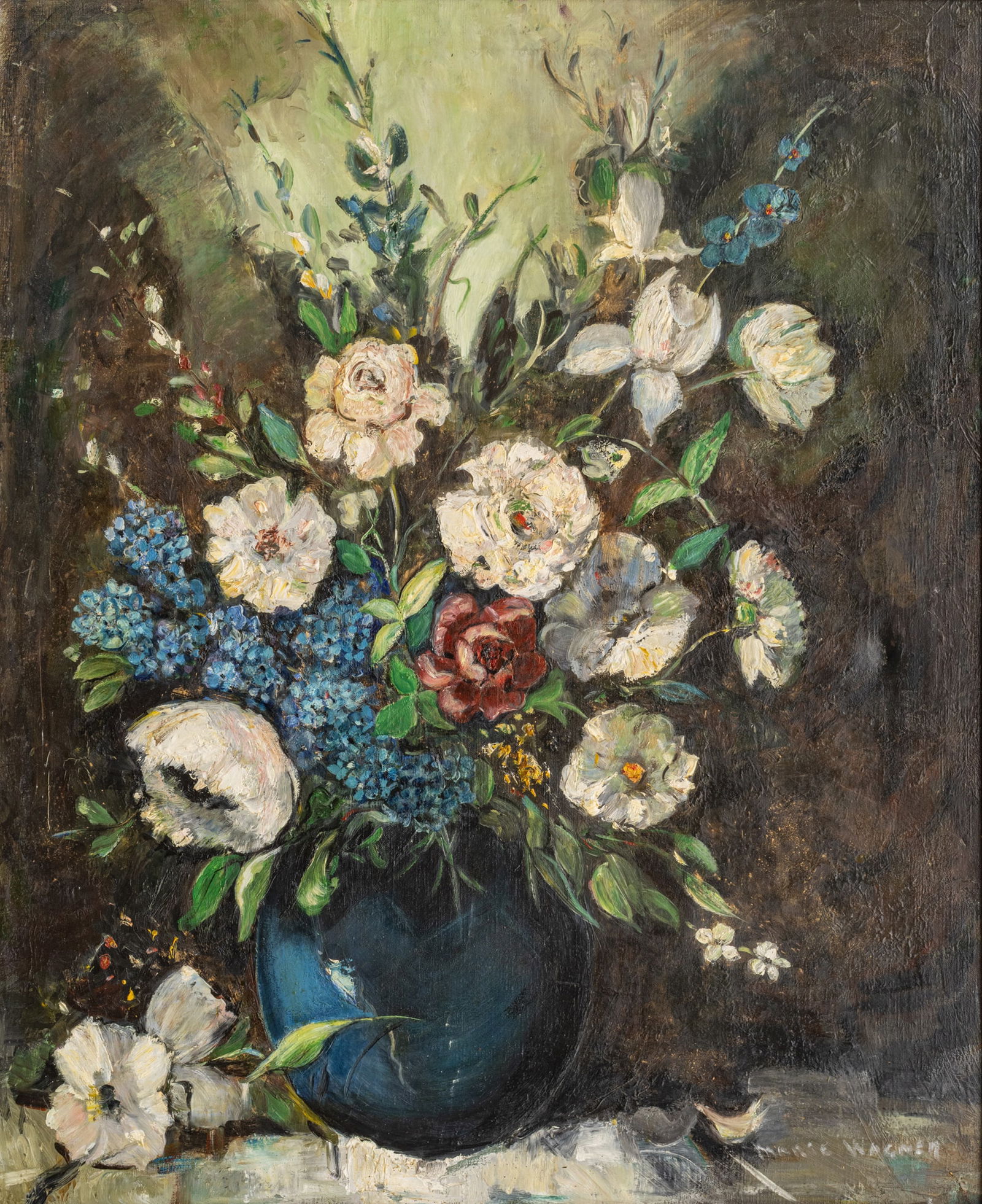 Bearing Signature Marie Wagner, Oil on Canvas 20th C., 'Spring Flowers in a Blue Vase', H 32" W 26" (1 of 10)