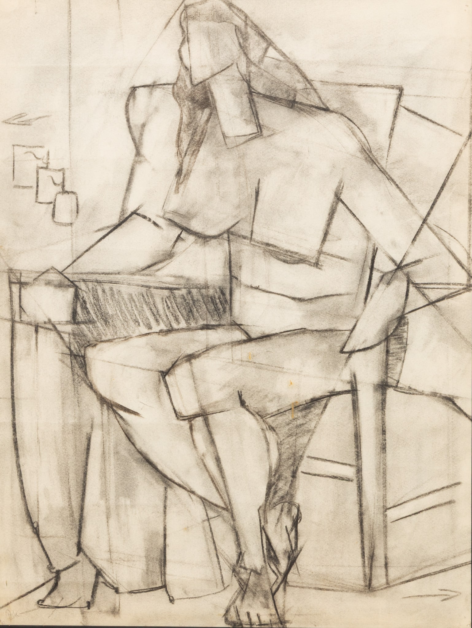 Rose Kuper (American, 1888-1987) Charcoal Drawing, Ca. 1930, 'Cubist Nude I', H 24" W 18.25" Frame: Rose Kuper (American, 1888-1987) Charcoal Drawing, Ca. 1930, 'Cubist Nude I', H 24" W 18.25" Frame Size: H 35.5" W 29.25" Depth 1" Gestural, abstract figure drawing in charcoal. Monogramed RK lower le