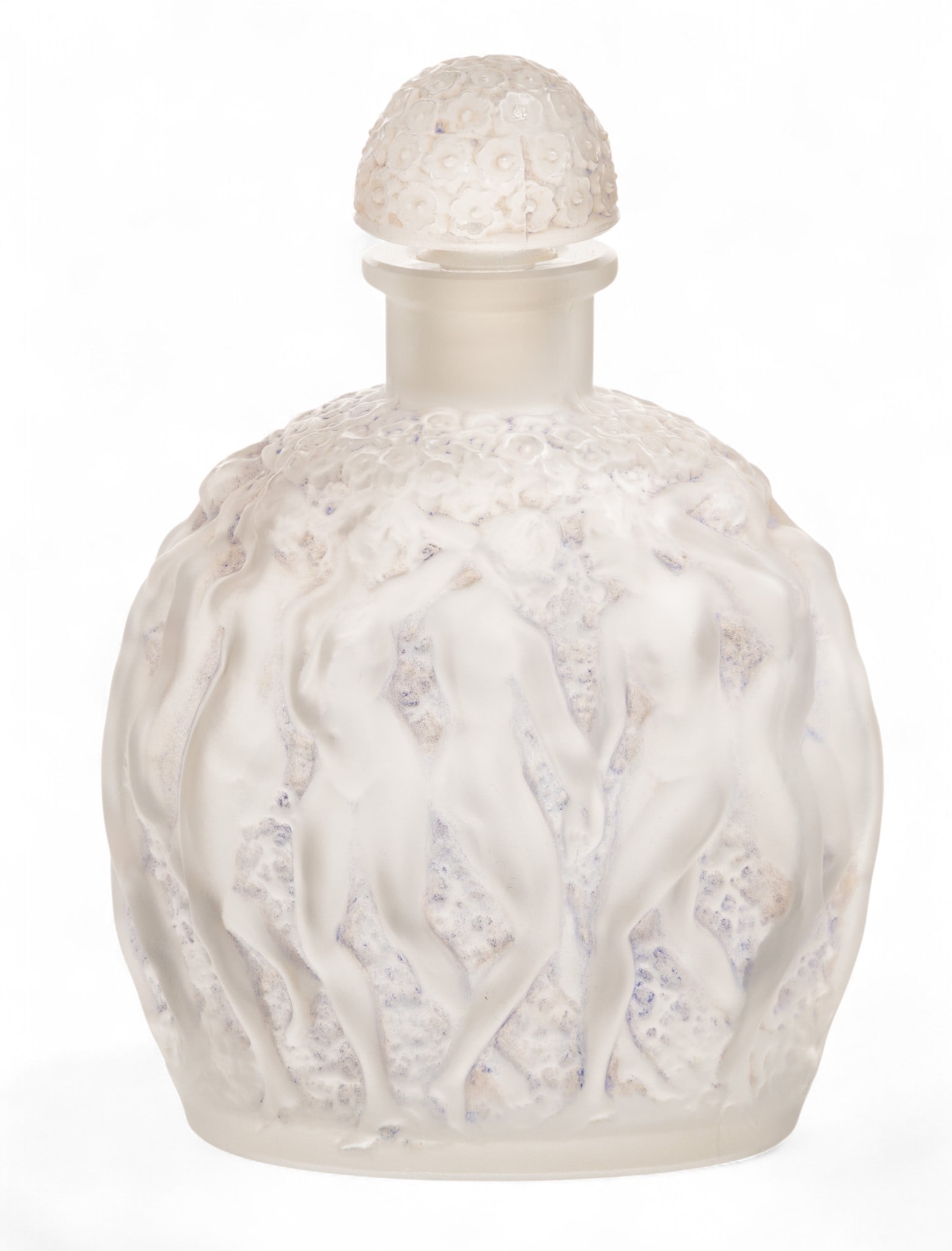 Lalique (French) Frosted Art Glass Perfume Bottle, Ca. 1929, 'Calendal Flacon', H 4.5" W 3.25" L (1 of 5)