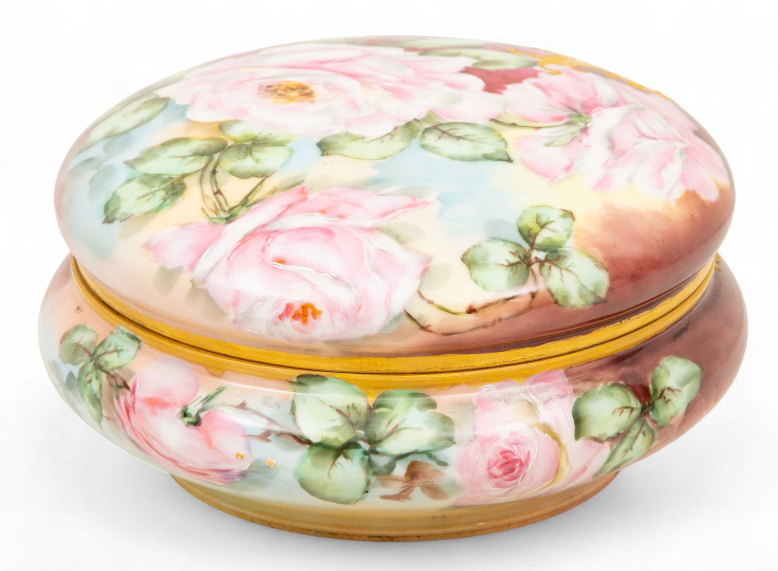 Tressemann & Vogt (T&V) Limoges (France) Hand Painted Porcelain Dresser/Powder Box with Cover: Tressemann & Vogt (T&V) Limoges (France) Hand Painted Porcelain Dresser/Powder Box with Cover 1890-1900, 'Rose Bush', H 4" Dia. 8" Hand painted design of roses on a burgundy ground. Heavy fired 