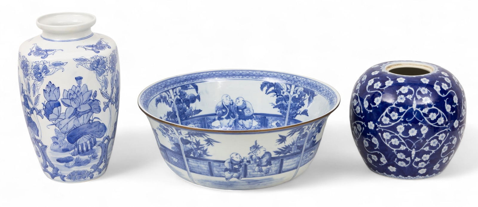 Three Blue and White Porcelain Decorative Objects 3 PCS: Three Blue and White Porcelain Decorative Objects 3 PCS Decorative ball marked "China Blue Fine Porcelain Exclusively for Seymour Mann" to the inside. Having a hand-painted roses and moth motif. Vase