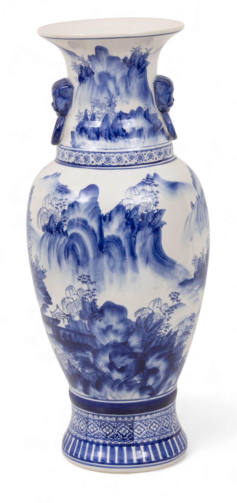 Seymour Mann Hand-painted Blue and White Porcelain Vase H 24" Dia. 11": Seymour Mann Hand-painted Blue and White Porcelain Vase H 24" Dia. 11" Depicting a mountainous Chinese landscape. Marked on the bottom, " China Blue Fine Porcelain Exclusively for Seymour Mann," incis