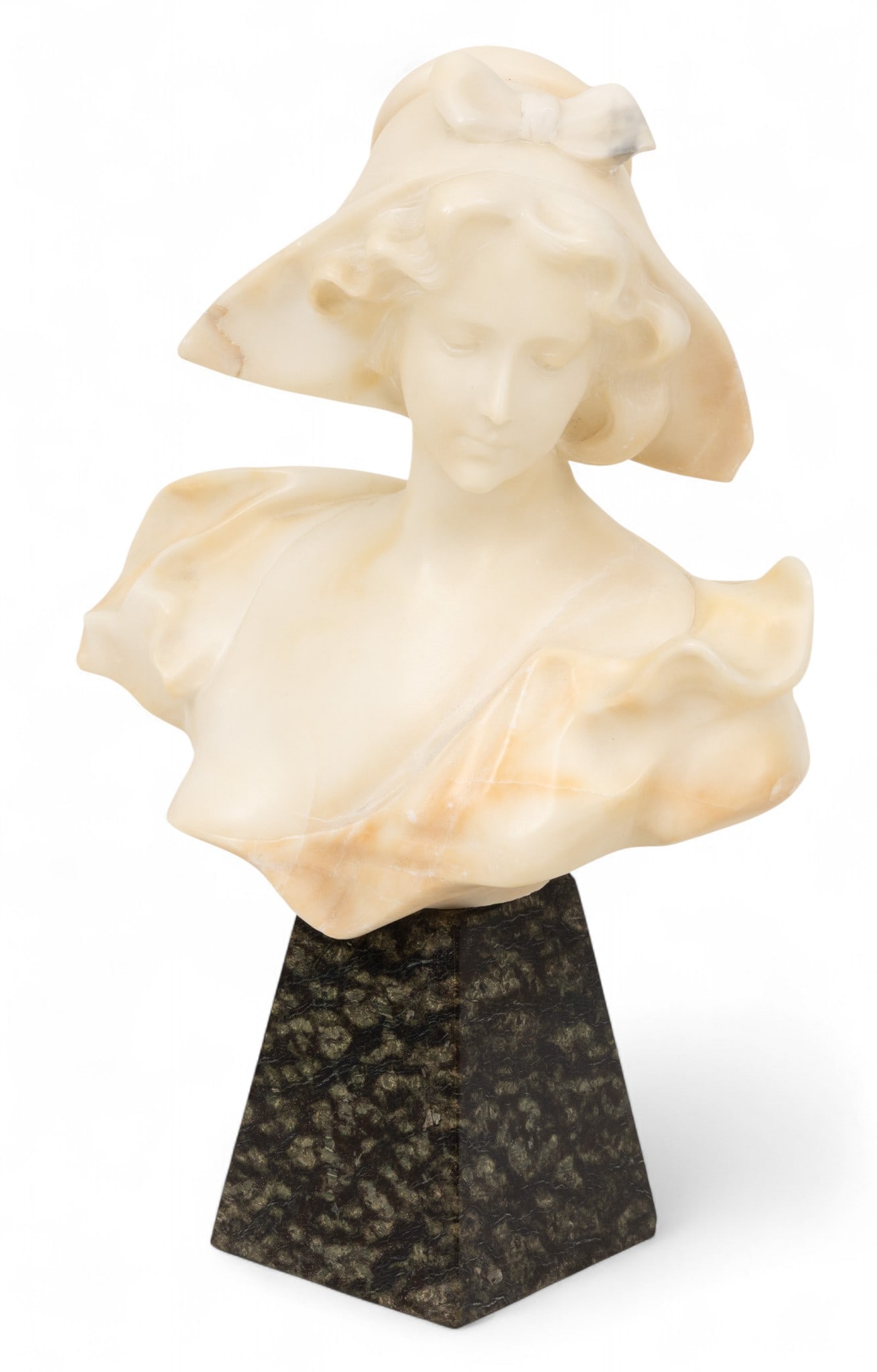 Italian White Marble Hand Carved Bust of Young Woman, on Black Marble Base 1900, H 15" W 10" (1 of 5)