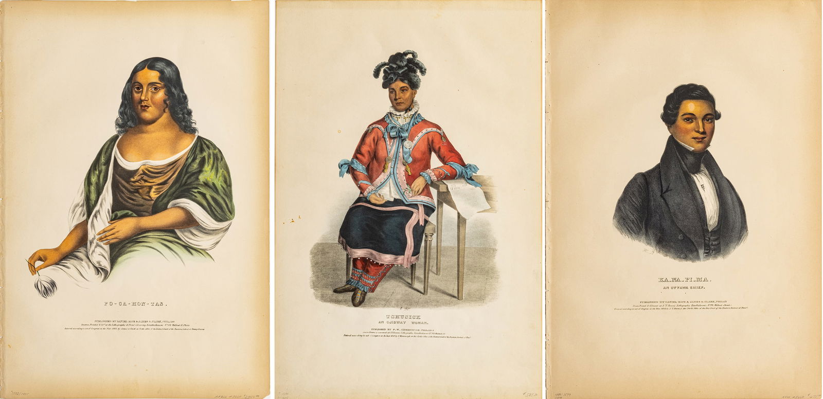 McKenney & Hall Hand Colored Lithographs on Paper, Mid 19th C., 'Tshusick, Pocahontas, Kanapima', 3 (1 of 11)