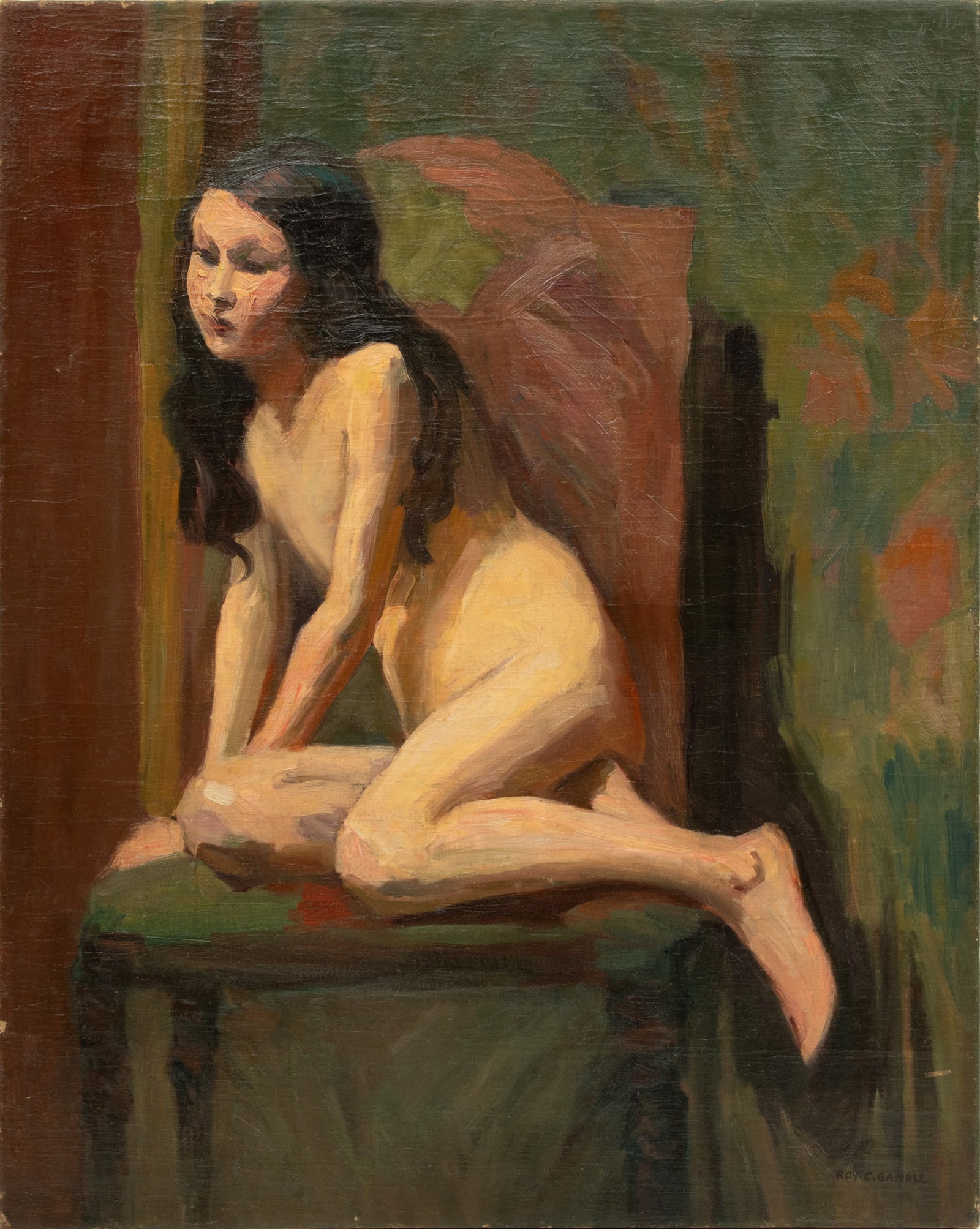 Roy Gamble (American/Michigan, 1887-1972) Oil on Canvas, 'Seated Female Nude', H 34" W 27": Roy Gamble (American/Michigan, 1887-1972) Oil on Canvas, 'Seated Female Nude', H 34" W 27" Signed in the lower right. Female nude seated on a chair. Stretched canvas, unframed. Provenance: From the Es
