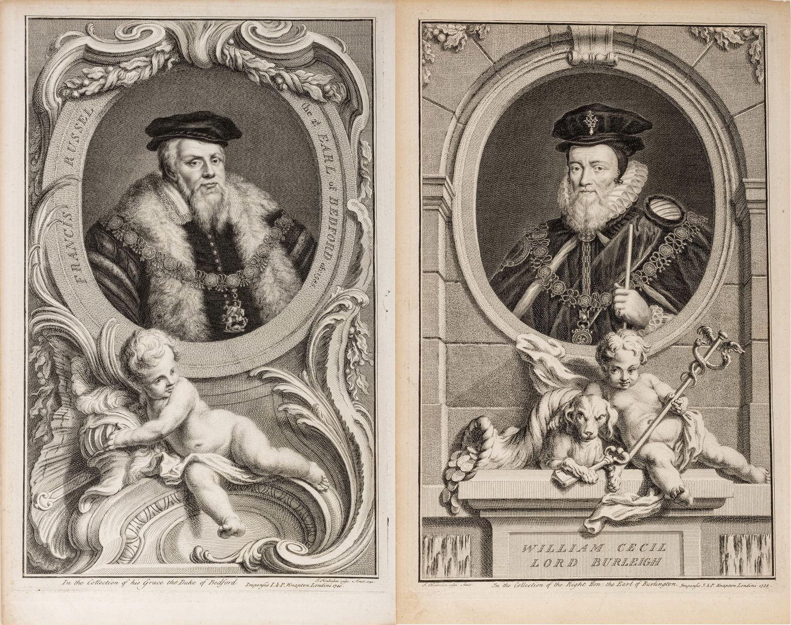 Jacobus Houbraken (Dutch, 1698-1780) Engravings on Laid Paper, Ca. 1750, 'William Cecil; Francis: Jacobus Houbraken (Dutch, 1698-1780) Engravings on Laid Paper, Ca. 1750, 'William Cecil; Francis Russel', Group of 2 Prints H 14.8" W 9.25" From The Heads of Illustrious Persons of Great Britain, publ