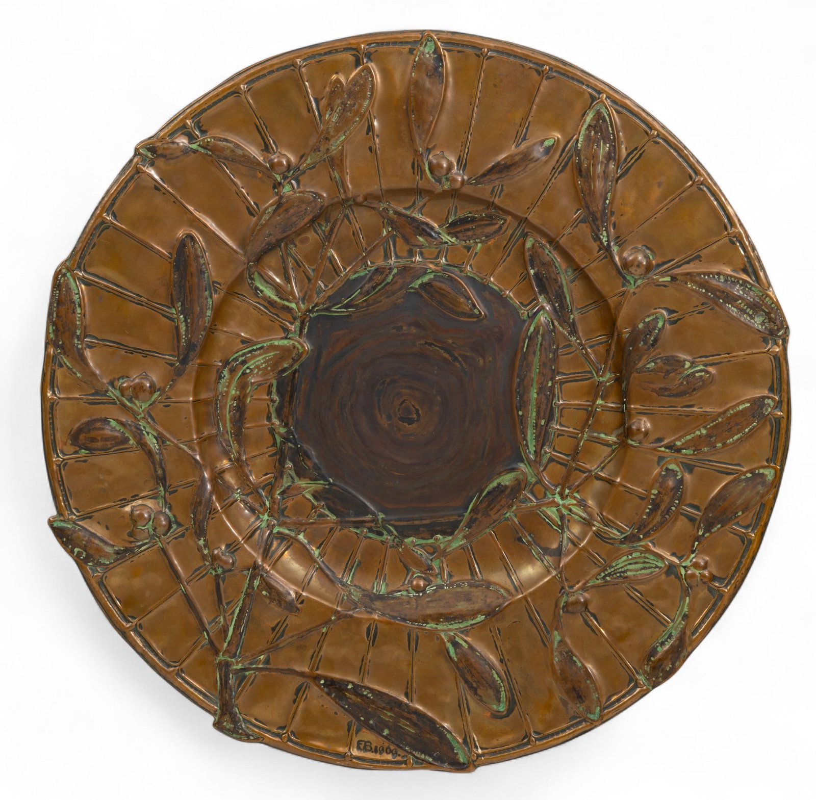 Antique Arts and Crafts Mistletoe Copper Charger 1909, H 0.5" Dia. 19": Antique Arts and Crafts Mistletoe Copper Charger 1909, H 0.5" Dia. 19" Having a repousse design of mistletoe. Monogrammed F.B. and dated 1909. Wire hanger on the verso. Dimensions: H 0.5" 