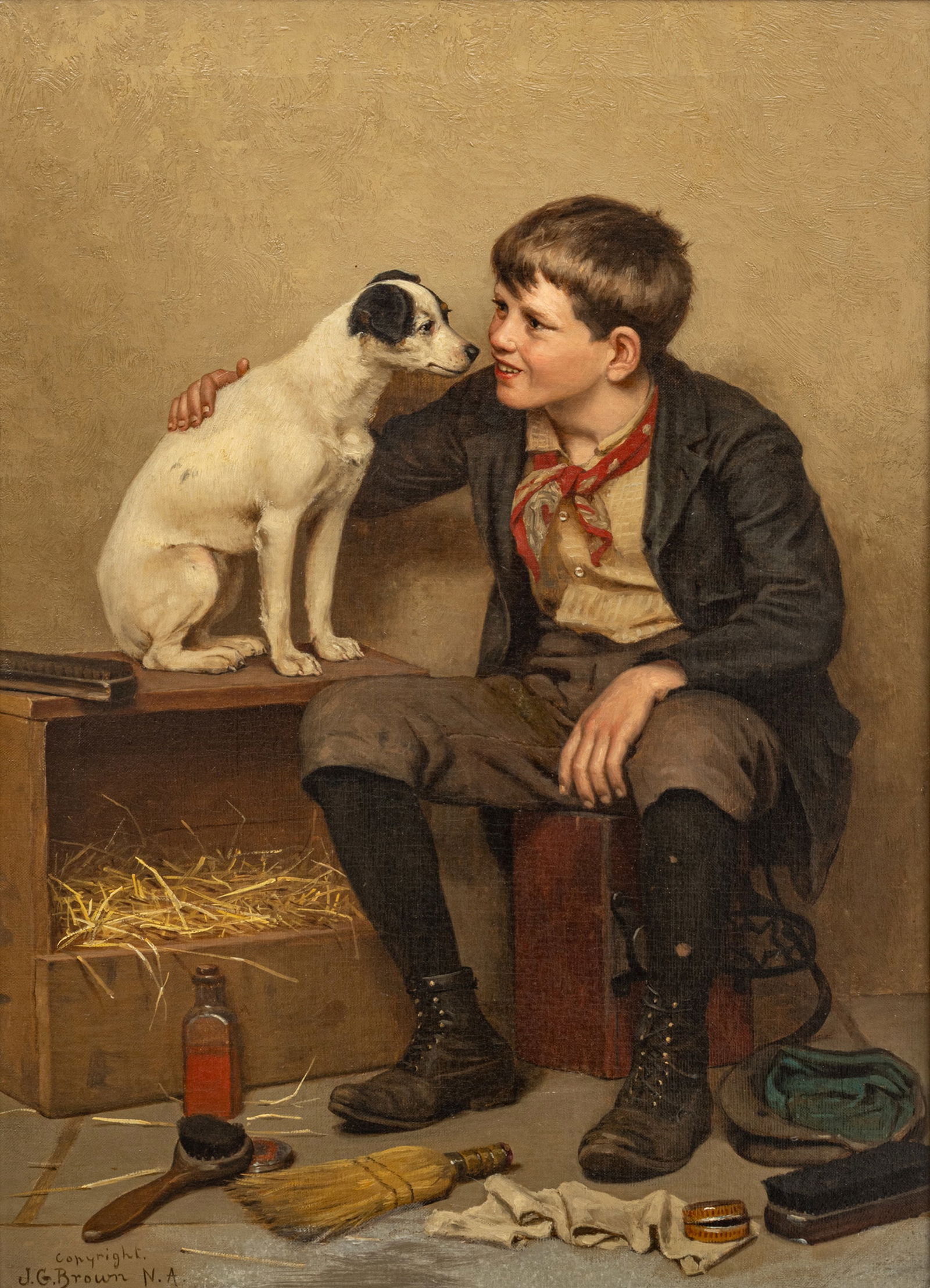 John George Brown (American, 1831-1913) Oil on Canvas 'Shoe Shine Boy with Dog', H 24" W 17" Frame (1 of 10)