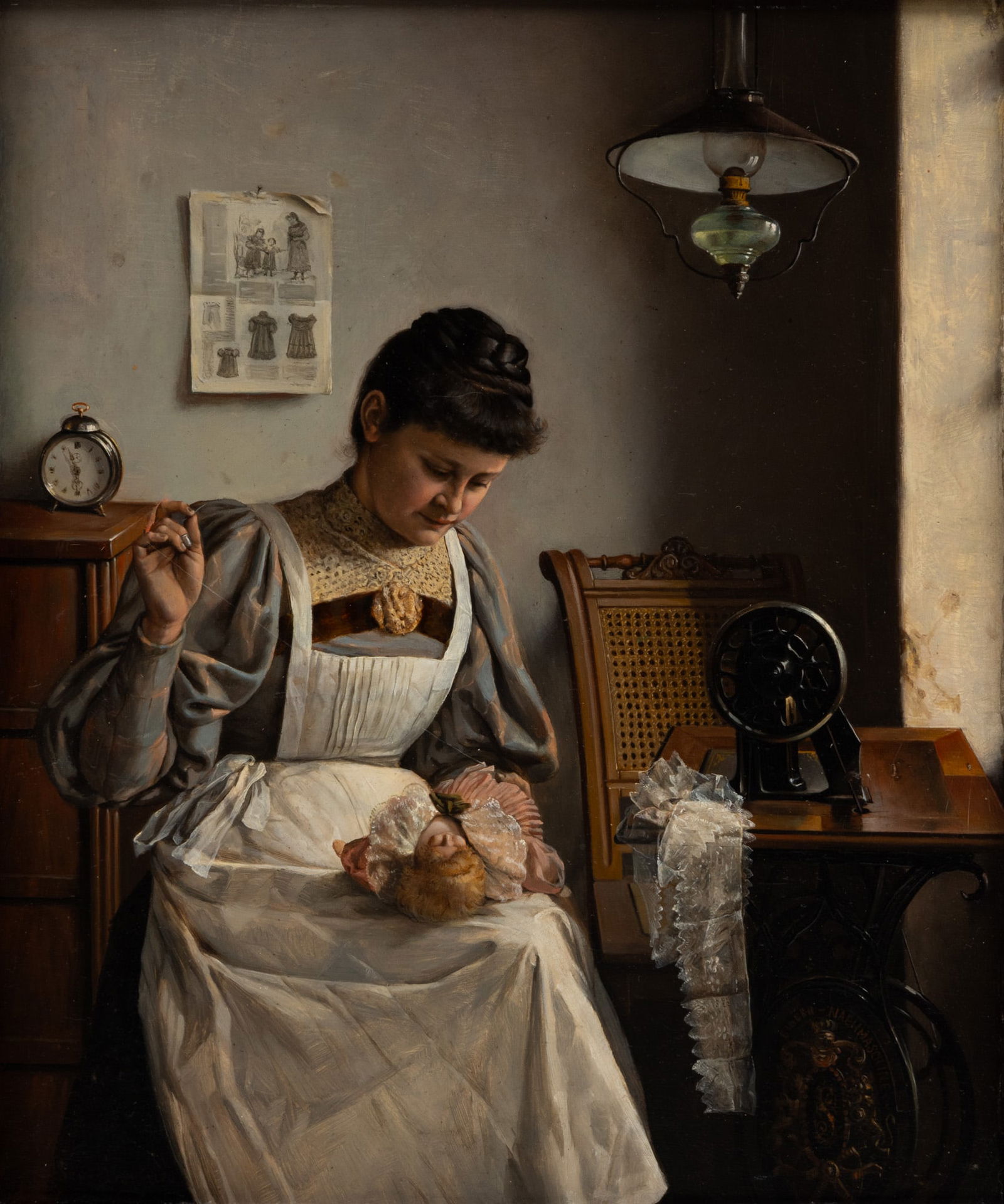 Alois Heinrich Priechenfried (Austrian, 1867-1953) Oil on Beveled Panel, 'Young Woman Sewing a (1 of 3)