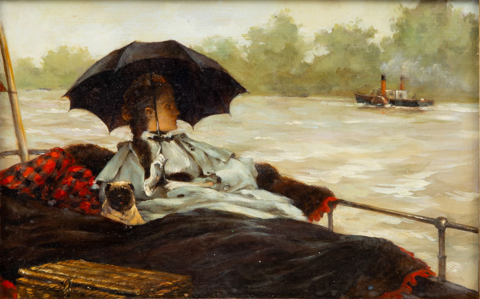 In the Manner of James Jacques Joseph Tissot (French, 1836-1902) Oil on Paper 19th .c., H 6" W 9.5": In the Manner of James Jacques Joseph Tissot (French, 1836-1902) Oil on Paper 19th .c., H 6" W 9.5" Frame Size: H 10.5" W 14" Detail after the Tissot painting "The Thames". Depicting a woman with pug