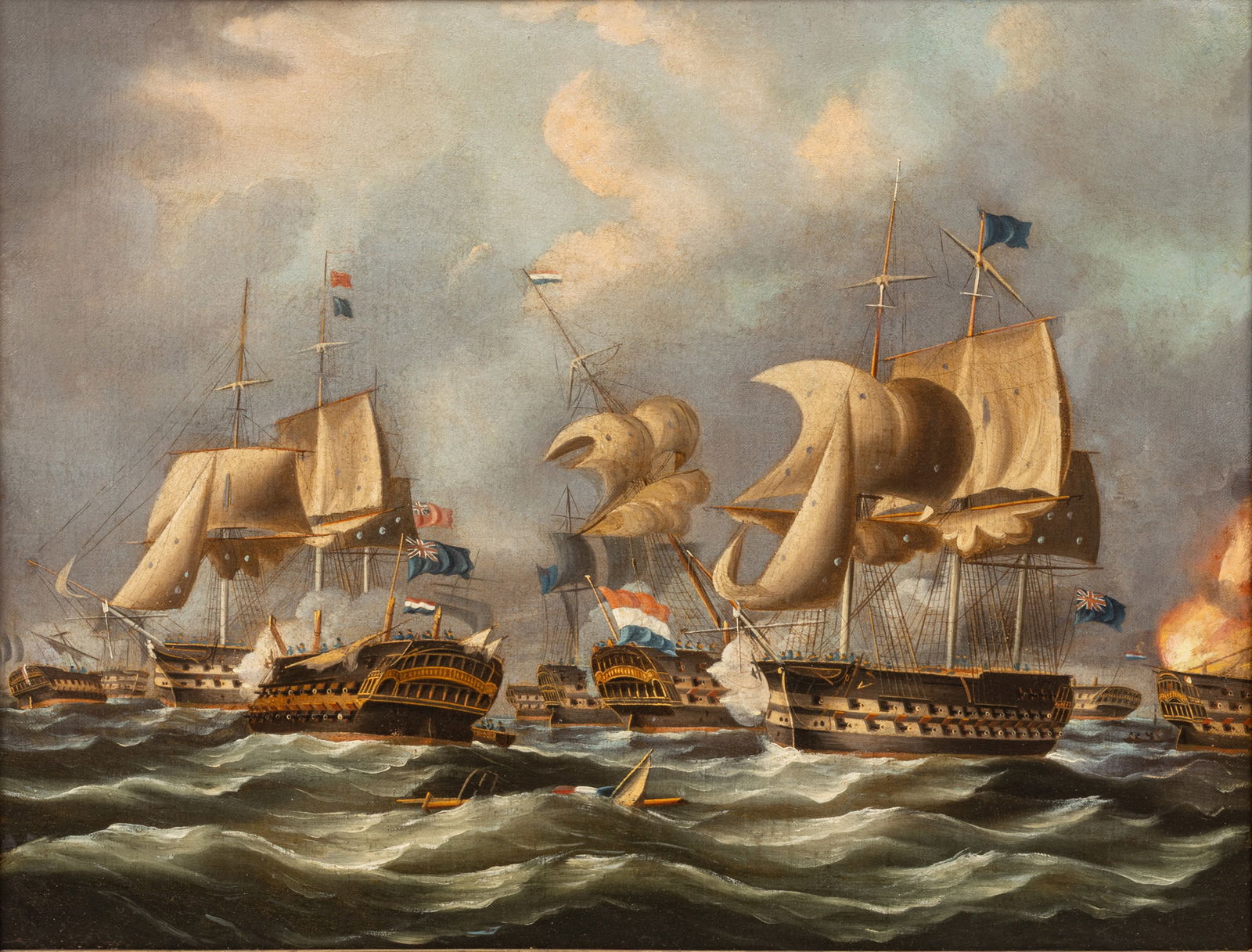 Thomas Whitcombe (British, 1732-1824) Oil on Canvas 'Battle of Camperdown', H 20" W 25" Frame Size:: Thomas Whitcombe (British, 1732-1824) Oil on Canvas 'Battle of Camperdown', H 20" W 25" Frame Size: H 24.5" W 30" Unsigned. Depicting the October 11th, 1797 battle of Camperdown, War of the First Coal