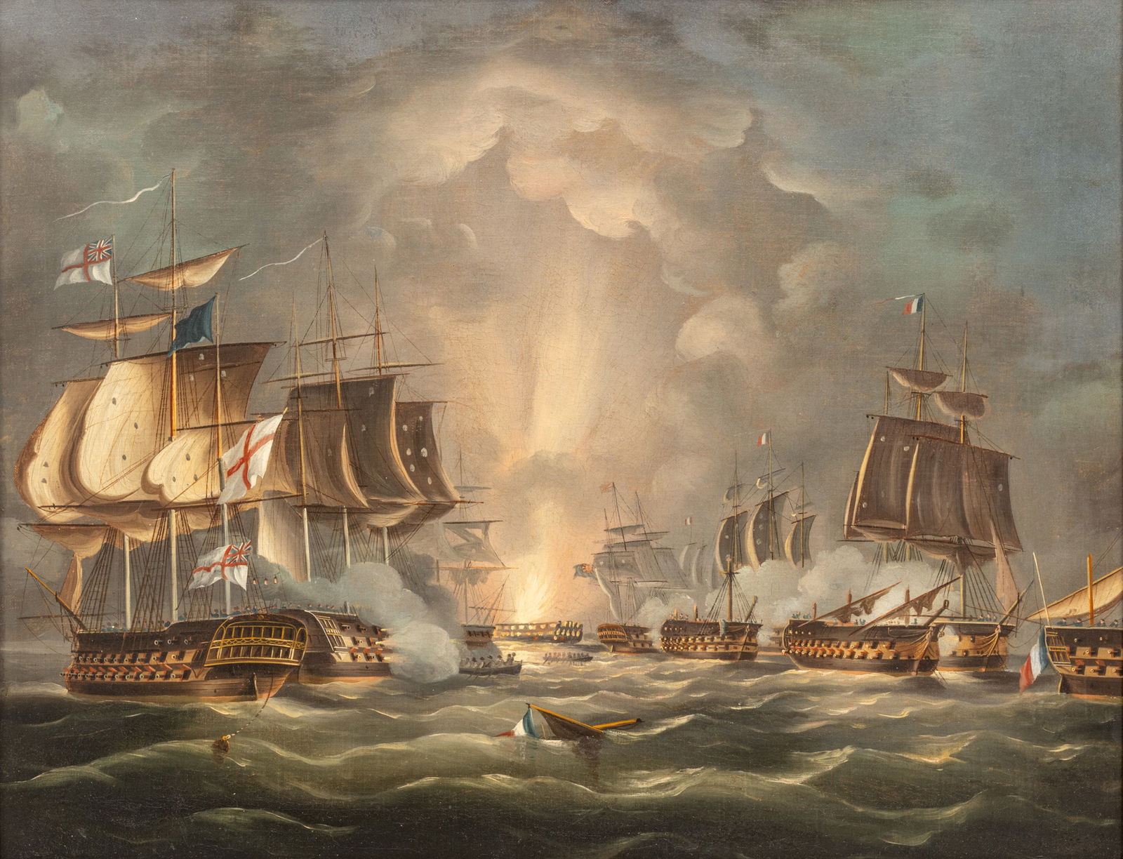 Thomas Whitcombe (British, 1732-1824) Oil on Canvas 'Battle of the Nile', H 20" W 25" Frame Size: H: Thomas Whitcombe (British, 1732-1824) Oil on Canvas 'Battle of the Nile', H 20" W 25" Frame Size: H 24.5" W 30" Unsigned. Depicting the Battle of the Nile, or Battle of Aboukir Bay, between the Britis