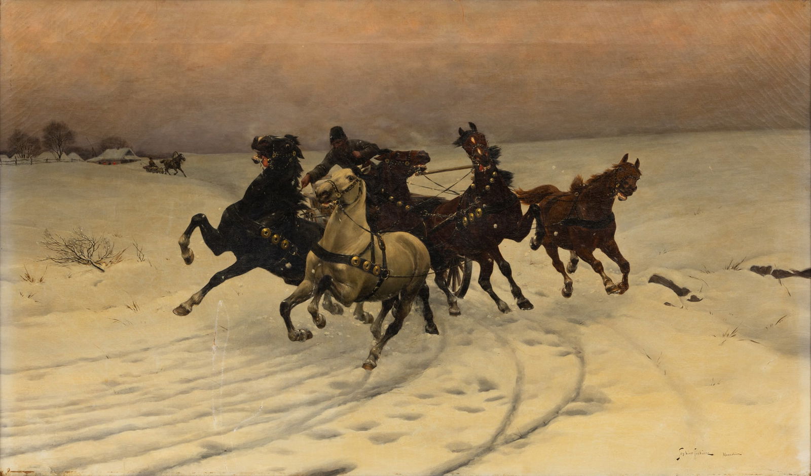 Stanislaw Ksawery Szykier-Siekierz (Polish, 1860-1895) Oil on Canvas, 19th C., 'Kulak Driving a (1 of 8)