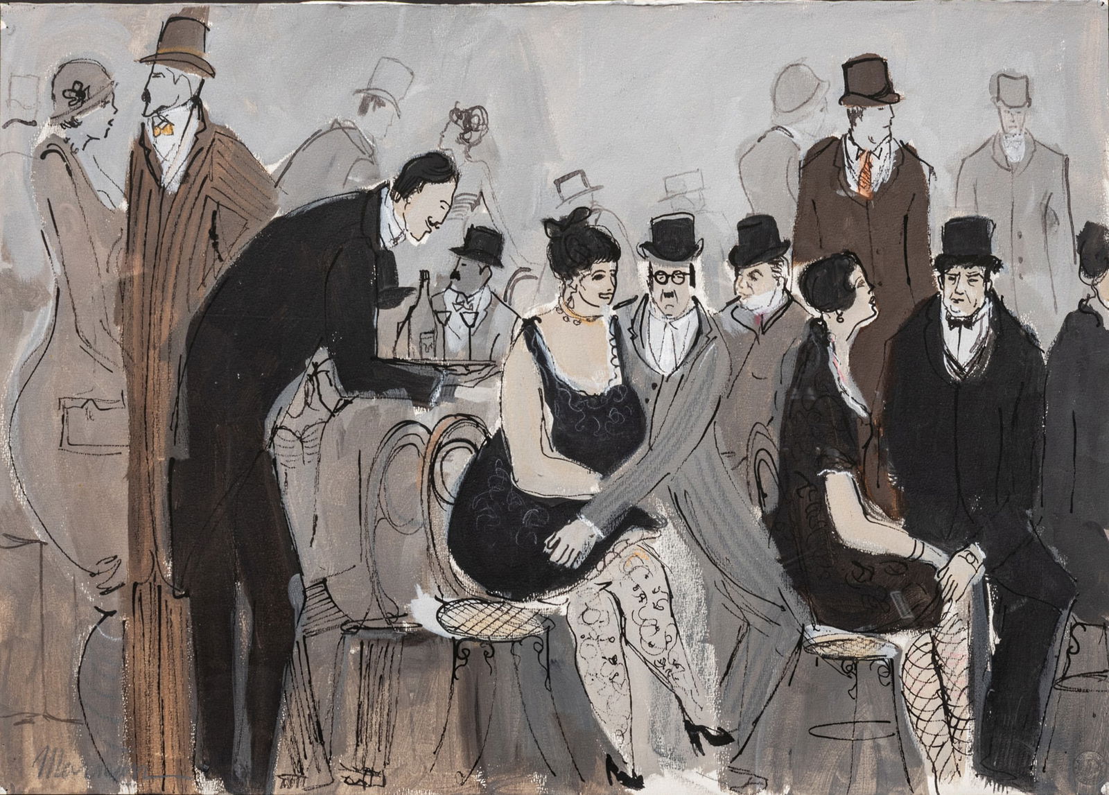 Isaac Maimon (Israeli, B. 1951) Mixed Media on Steinbach Paper, 'Cafe Scene', H 19.25" W 27.5": Isaac Maimon (Israeli, B. 1951) Mixed Media on Steinbach Paper, 'Cafe Scene', H 19.25" W 27.5" Signed lower left. Ink, watercolor and gouache on paper. Steinbach Malmedy blind stamp in the lower right