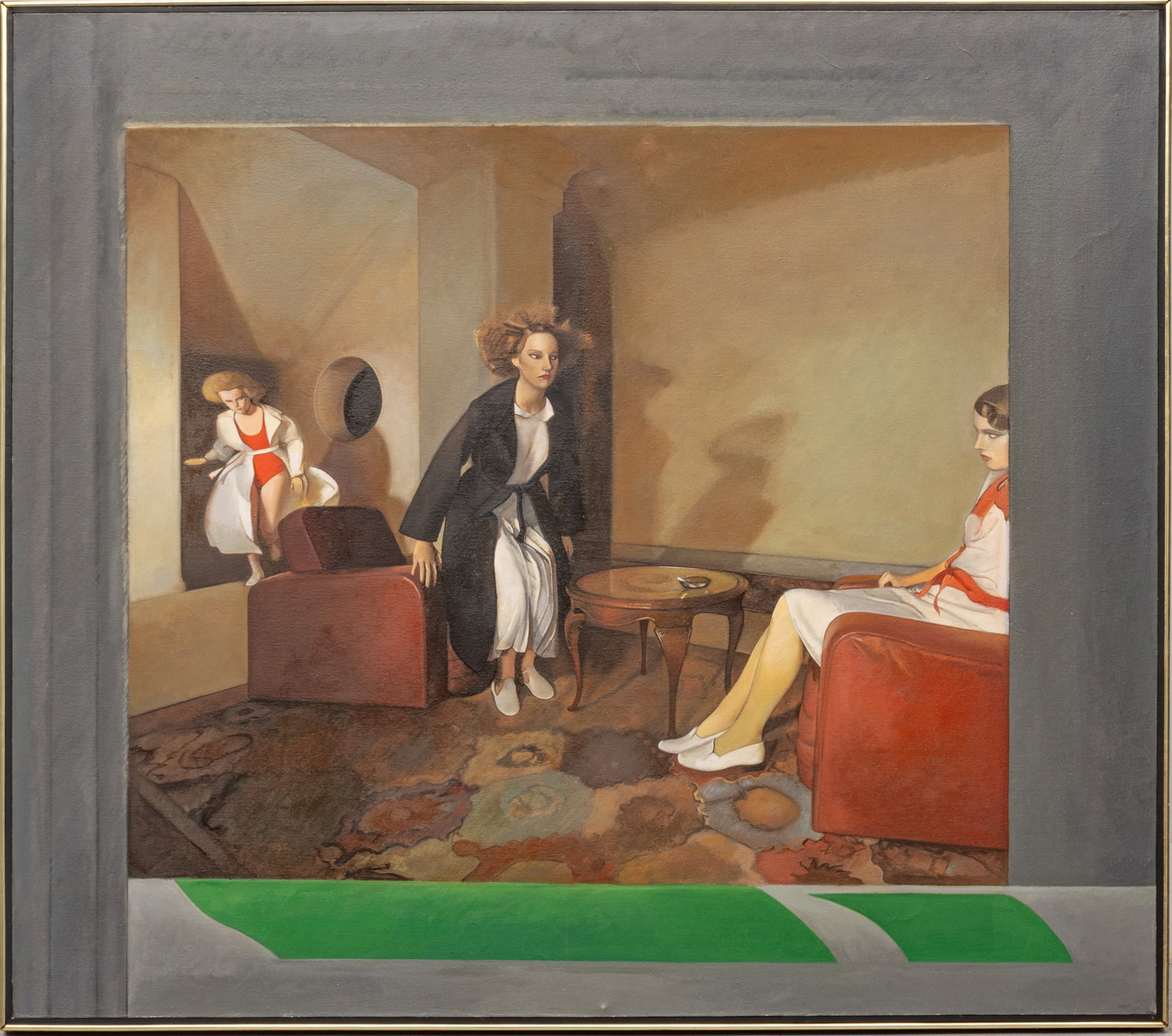 Tom Klaverkamp (American, 1942-1986) Oil on Canvas 1978, 'Travesties', H 49" W 55.5" Frame Size: H: Tom Klaverkamp (American, 1942-1986) Oil on Canvas 1978, 'Travesties', H 49" W 55.5" Frame Size: H 50" W 57" Signed, dated and titled verso. Provenance: Material Culture, Philadelphia, Pennsylvania; P