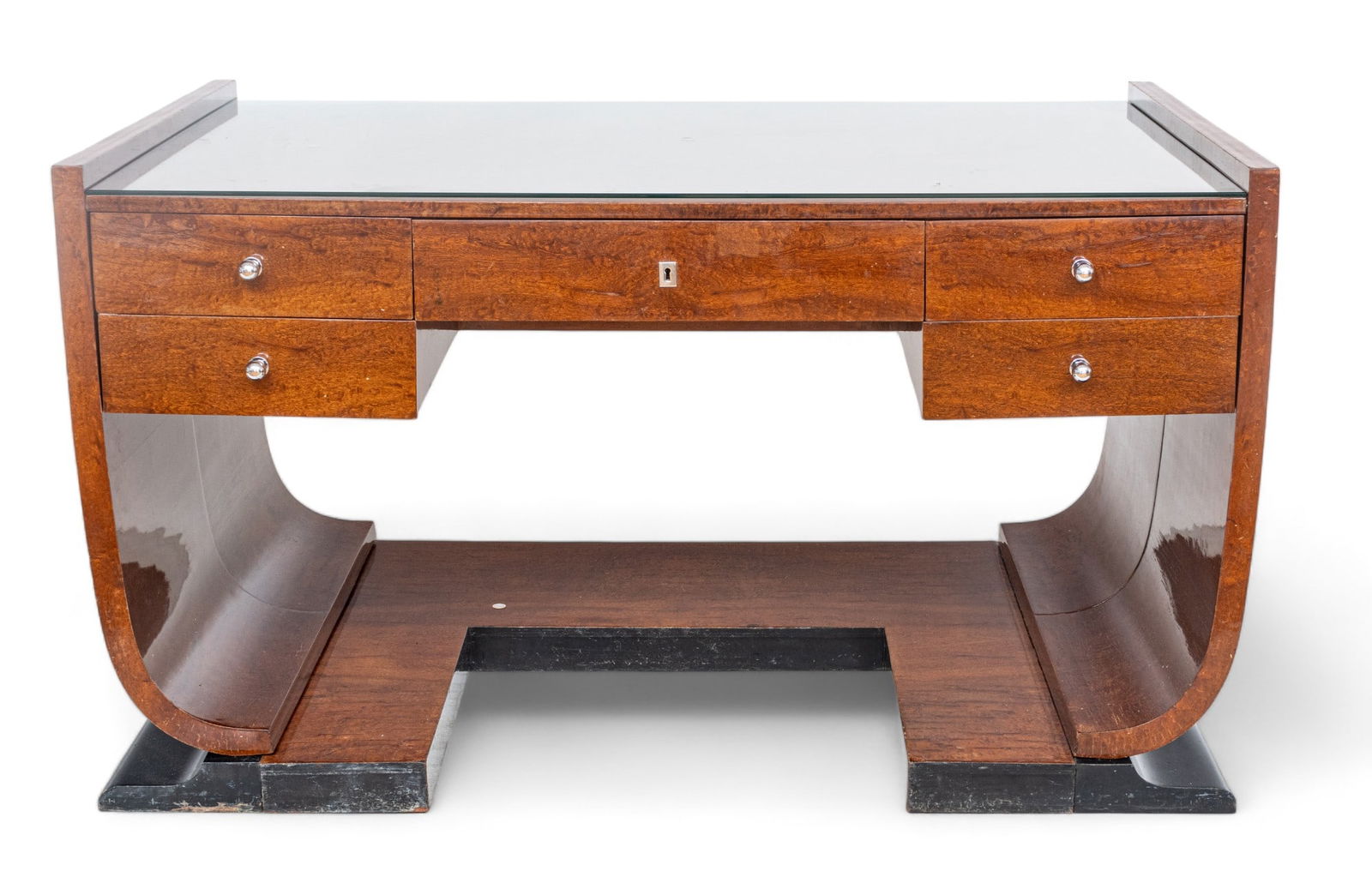 Manner of Jules Leleu (French, 1883-1961) French Art Deco Burl Veneer Writing Desk, Ca. 1930, H 31'' (1 of 11)