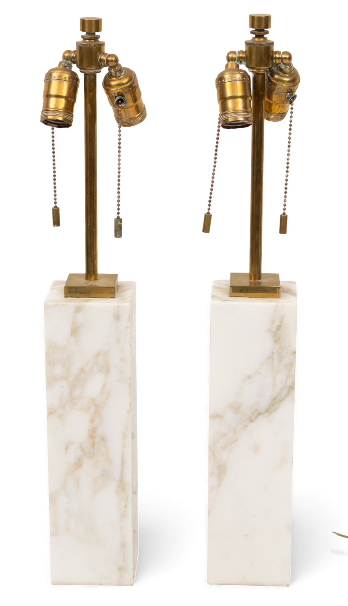 T.H. Robsjohn-Gibbings for Hansen Lighting (British) Marble and Brass Lamps, Ca. Mid 20th Century, H: T.H. Robsjohn-Gibbings for Hansen Lighting (British) Marble and Brass Lamps, Ca. Mid 20th Century, H 23" W 3.5" L 3.5" 1 PAIR No apparent markings. Two lights each, electrified. Dimensions: H 23