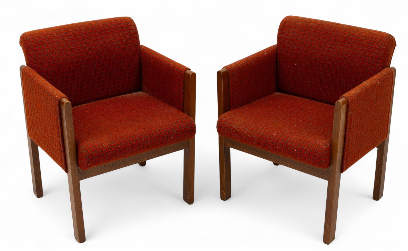 Pair of Kimball International (American) Upholstered Oak Armchairs 20th Cen., 'Model #1124', H 31" W: Pair of Kimball International (American) Upholstered Oak Armchairs 20th Cen., 'Model #1124', H 31" W 23" Depth 24" 2 PCS Geometric pattern fabric back, seat and arms, with stained oak legs. Dimensions