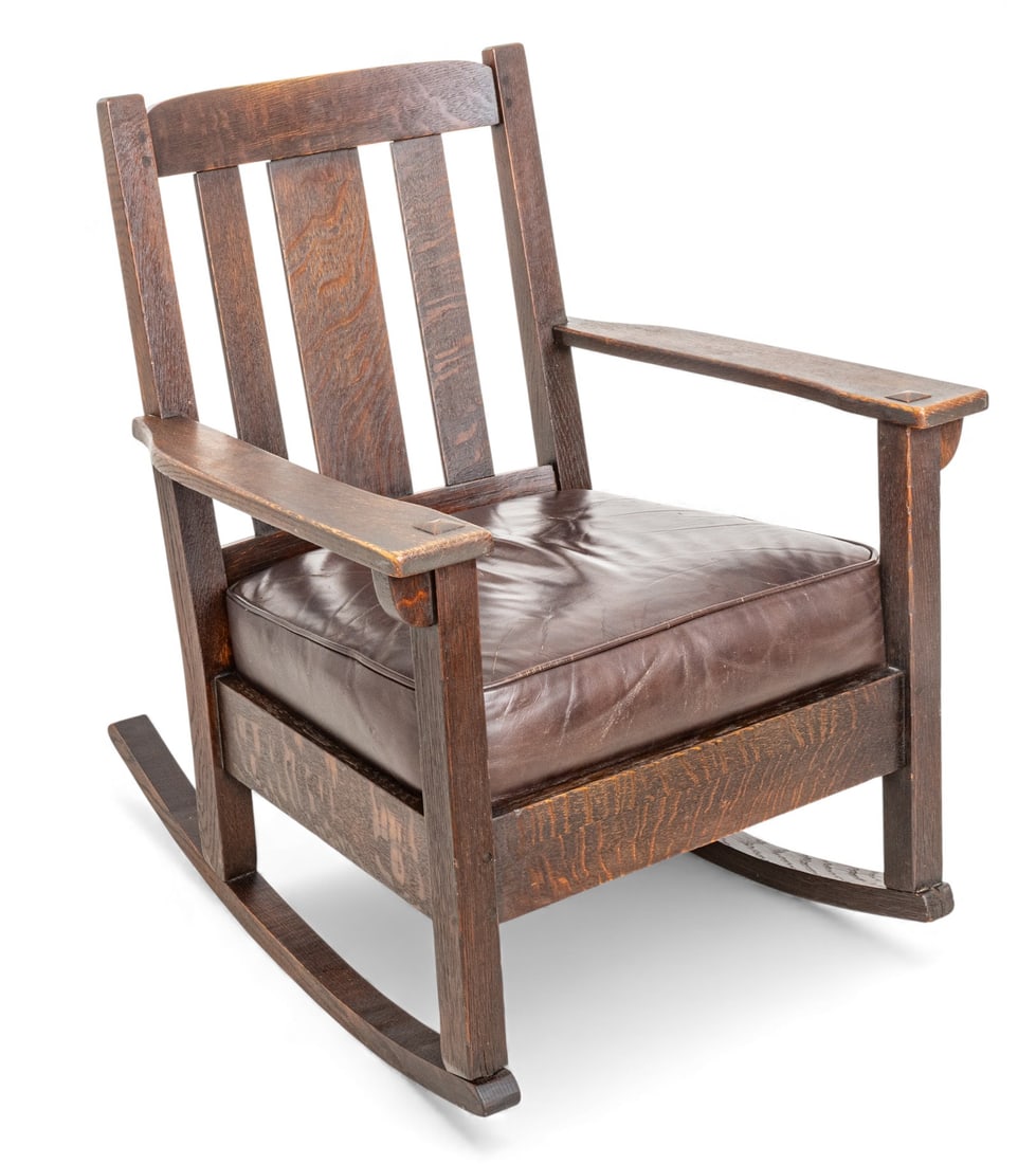 Charles P. Limbert Furniture Co. Mission Style Oak Rocker 1920-1930, H 33" W 27" Depth 26" (1 of 8)