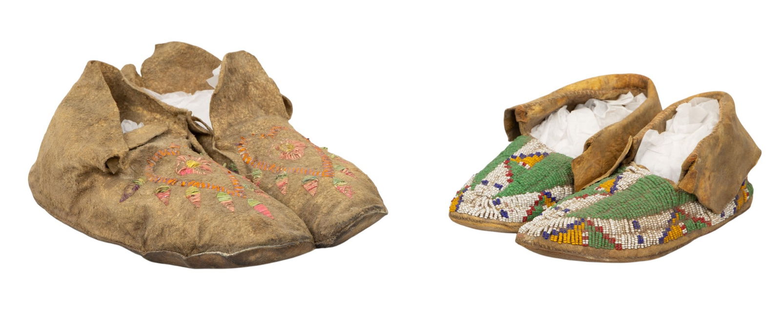 Sioux Native American Beaded Hide Child's Moccasins and Quillwork Hide Moccasins, 2 PAIRS (1 of 5)