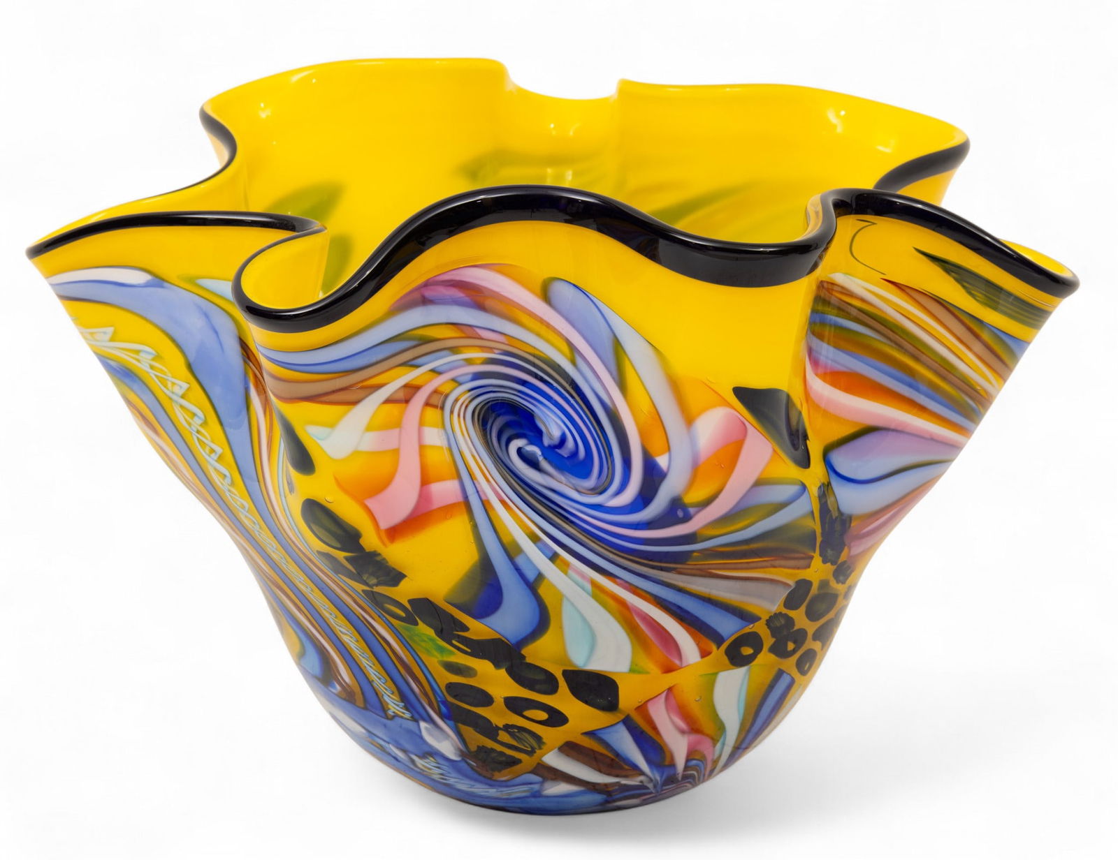 Rollin Karg (American, B. 1944) Art Glass Ruffled Centerpiece Bowl 2002, H 10.5" W 16" L 17" (1 of 5)