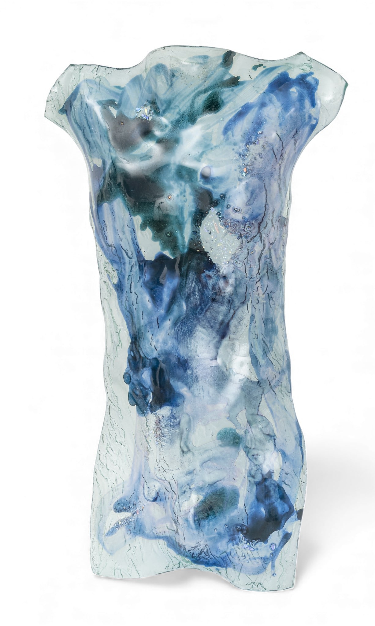 BJ Katz (American) Painted and Fused Art Glass Sculpture 'Mixed Emotions', H 34" W 19" Depth 6": BJ Katz (American) Painted and Fused Art Glass Sculpture 'Mixed Emotions', H 34" W 19" Depth 6" Titled, signed, and numbered 49/500 lower right. Translucent blue torso art glass sculpture having swirl
