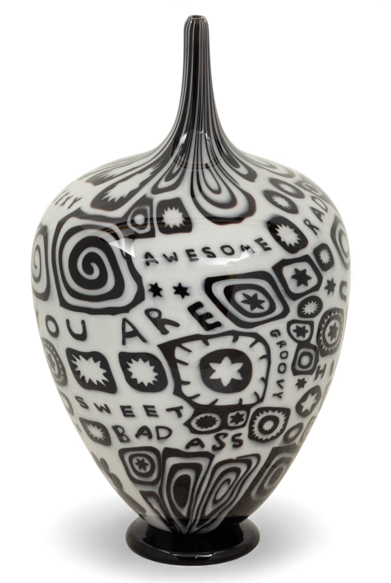 Jeff Holmwood (Canadian) Black and White Art Glass Sculpture 2011, 'Slang Vase', H 12.5" Dia. 7": Jeff Holmwood (Canadian) Black and White Art Glass Sculpture 2011, 'Slang Vase', H 12.5" Dia. 7" A footed blown glass sculpture by Canadian artist Jeff Holmwood, purchased at Robert Held Art Glass in