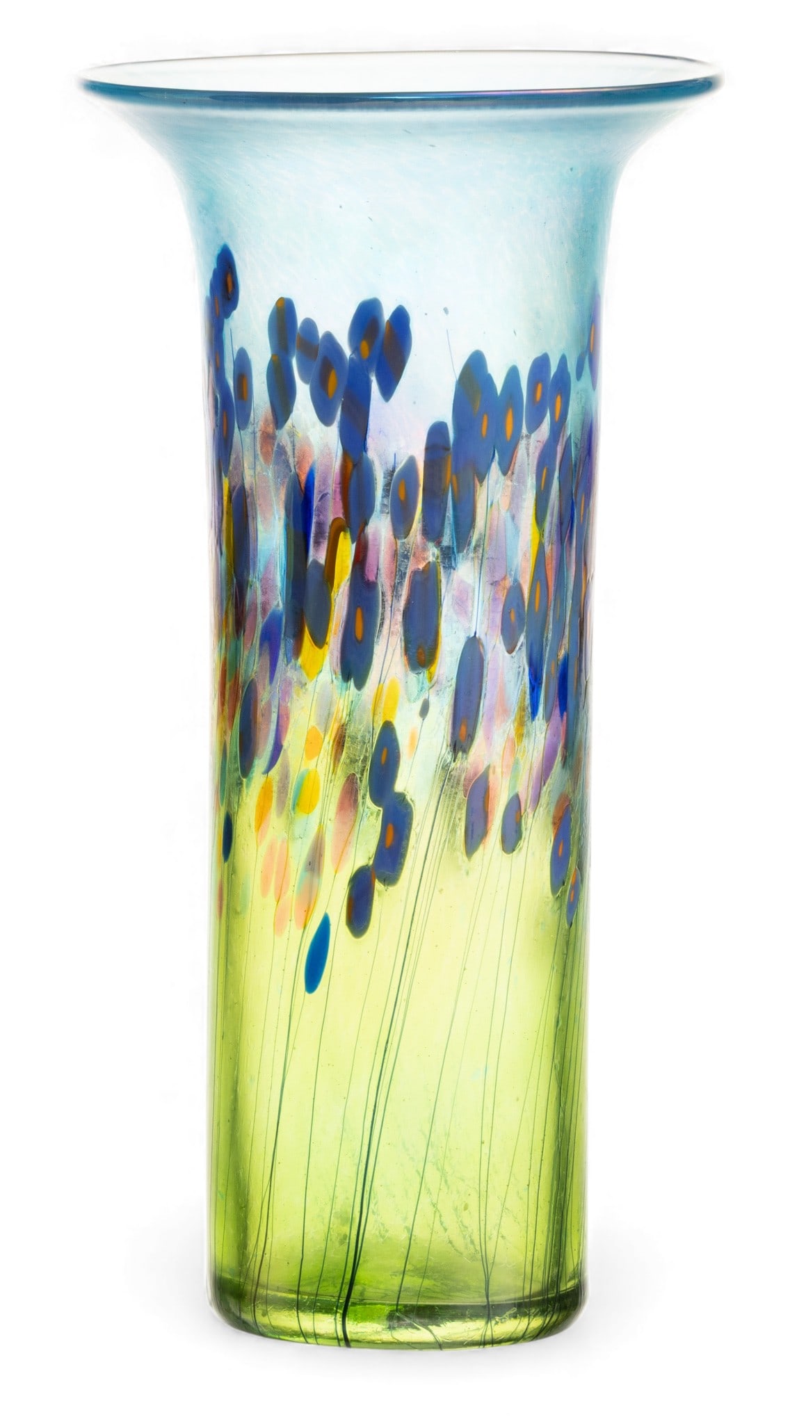 Robert Held (Canadian) Iridescent Art Glass Vase 'California Poppy', H 11" Dia. 5.5": Robert Held (Canadian) Iridescent Art Glass Vase 'California Poppy', H 11" Dia. 5.5" Tall, slender art glass vase with iridescent colors of blue, green, purple, and yellow compositing a design of popp