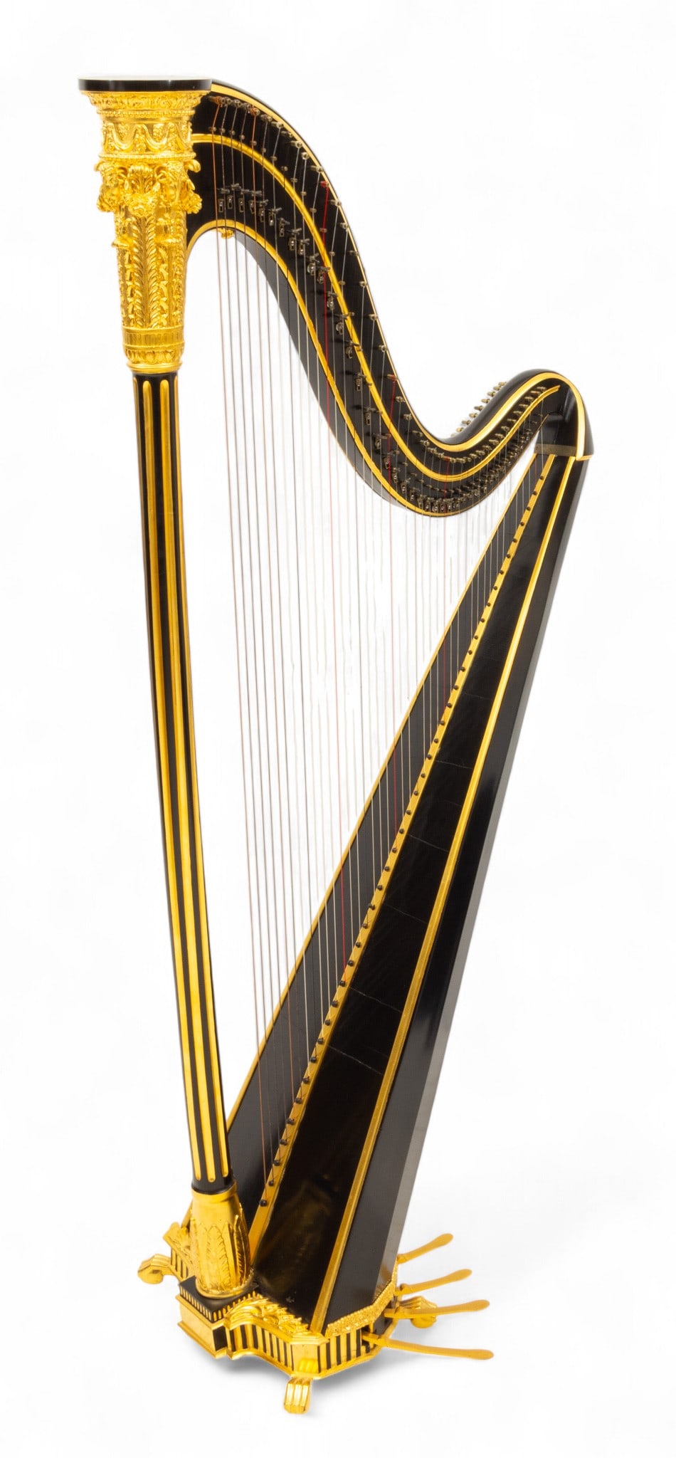 Schultz (London) Neoclassical Black Lacquer and Giltwood 8-Pedal Resonance Harp, Ca. 19th C., H 67": Schultz (London) Neoclassical Black Lacquer and Giltwood 8-Pedal Resonance Harp, Ca. 19th C., H 67" W 18" L 32" Black lacquered body with gilt highlights. Fluted column with a gilt capitol of rams hea