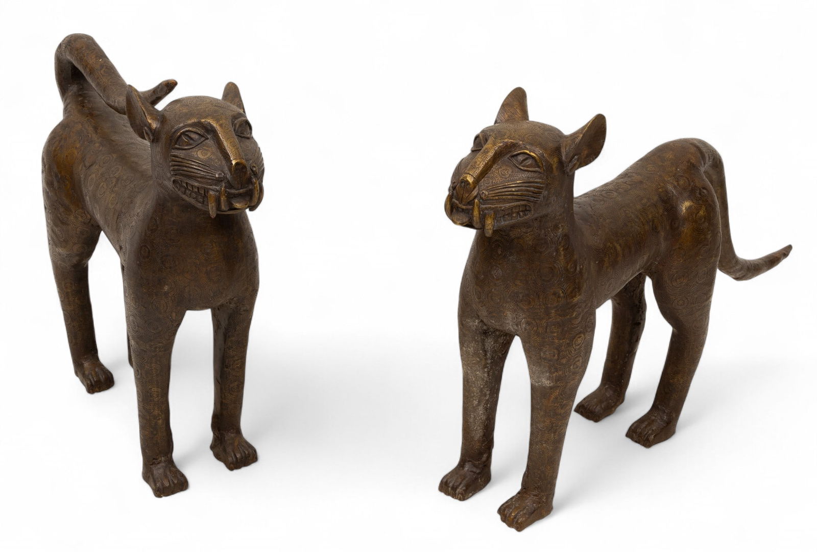 Reproduction Benin Style Cast Bronze Leopards, Ca. Mid 20th Century, H 25" W 7.5" L 25" 1 PAIR (1 of 5)