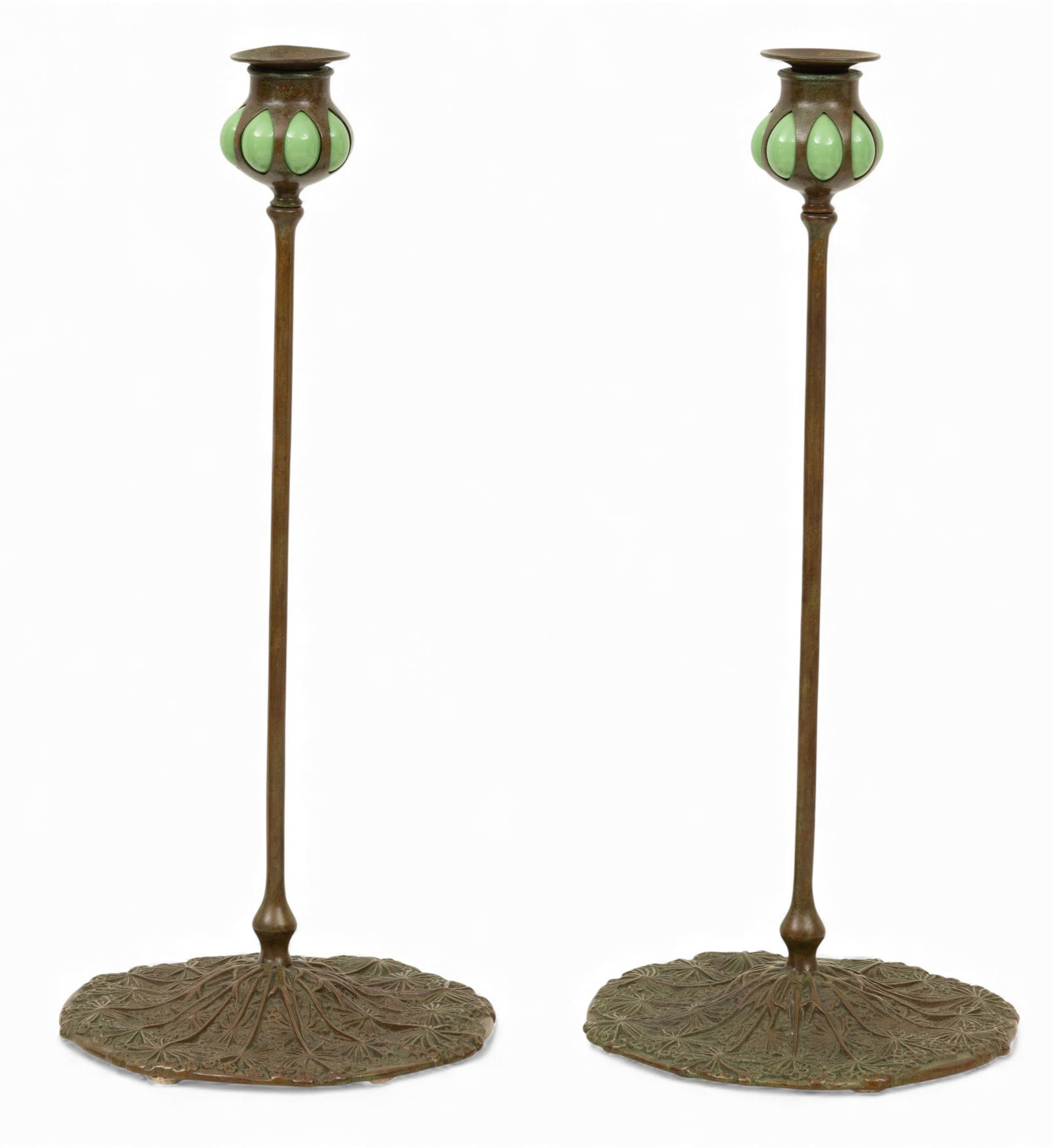 In the Manner of Tiffany Studios (American, 1878-1938) Patinated Bronze, Hand-blown Glass: In the Manner of Tiffany Studios (American, 1878-1938) Patinated Bronze, Hand-blown Glass Candlesticks Late 20th C., 'Wild Carrot', H 17.5" Dia. 8" 1 PAIR Unmarked reproduction of Tiffany Studios Wild