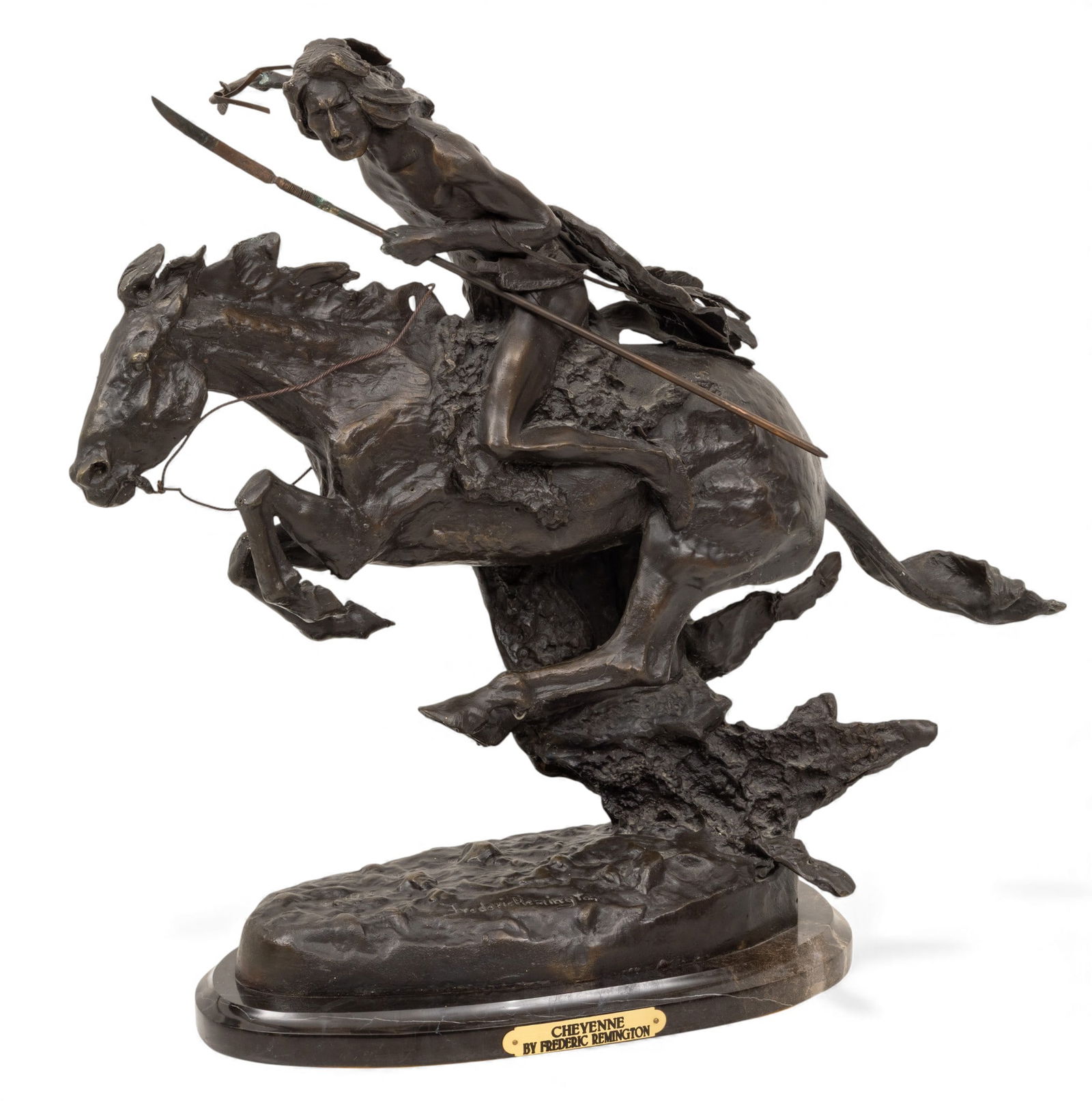 After Frederic Remington (American, 1861-1909) Bronze Sculpture Late 20th C., 'Cheyenne', H 19" W 5" (1 of 6)