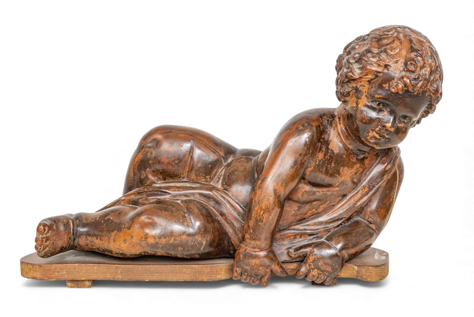 Italian School Carved Wood Reclining Cherub 19th.c., H 11" L 17" Depth 7" (1 of 9)