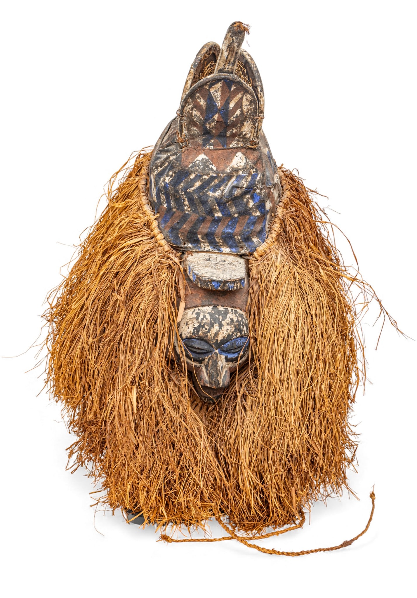 Yaka or Suku (DRC) Polychrome Wood and Fiber Headdress (Ndeemba), Ca. 20th C., H 22" W 7" (1 of 9)
