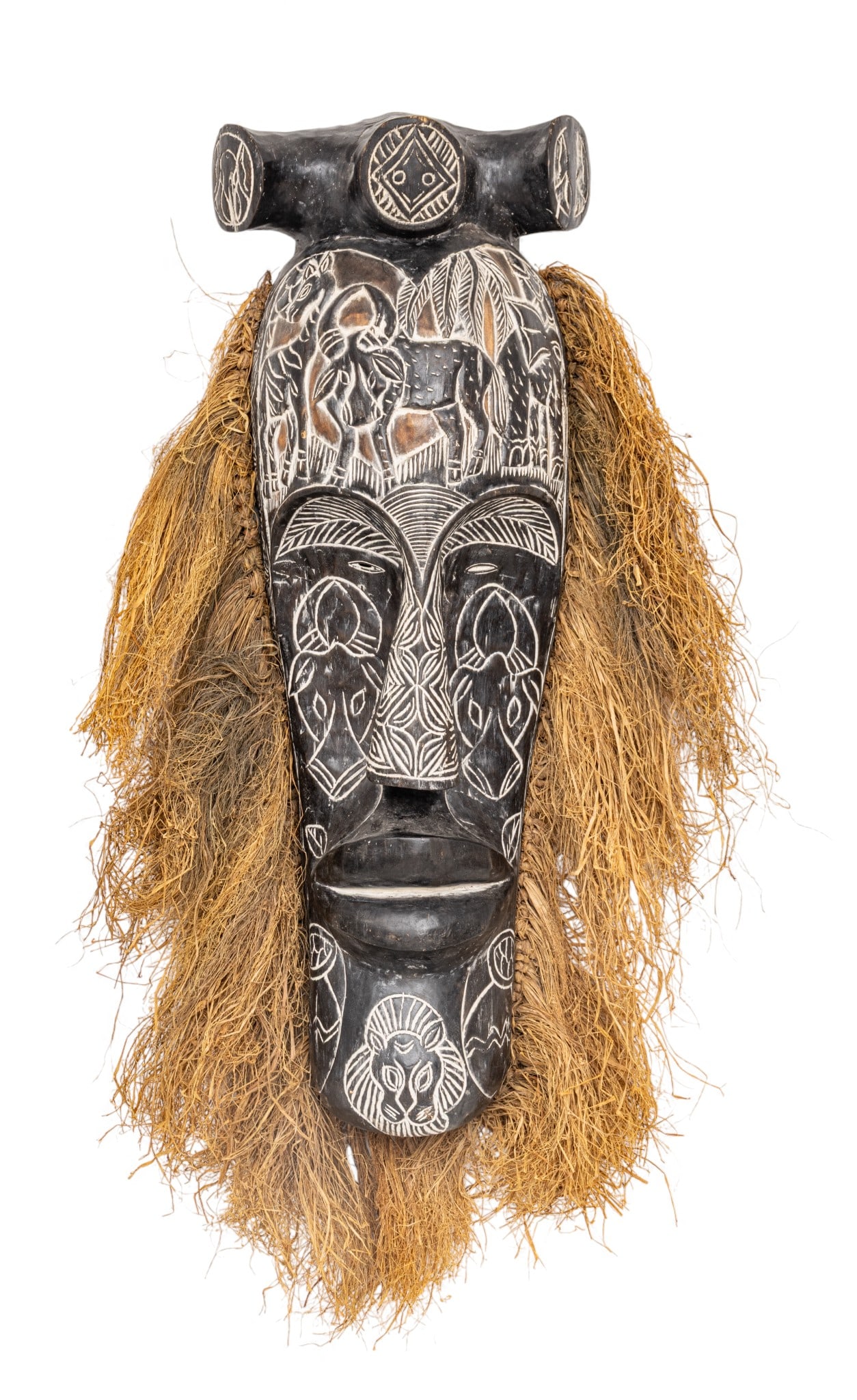African Carved Wood and Mixed Media Large Mask H 50" W 18" Depth 9" (1 of 9)
