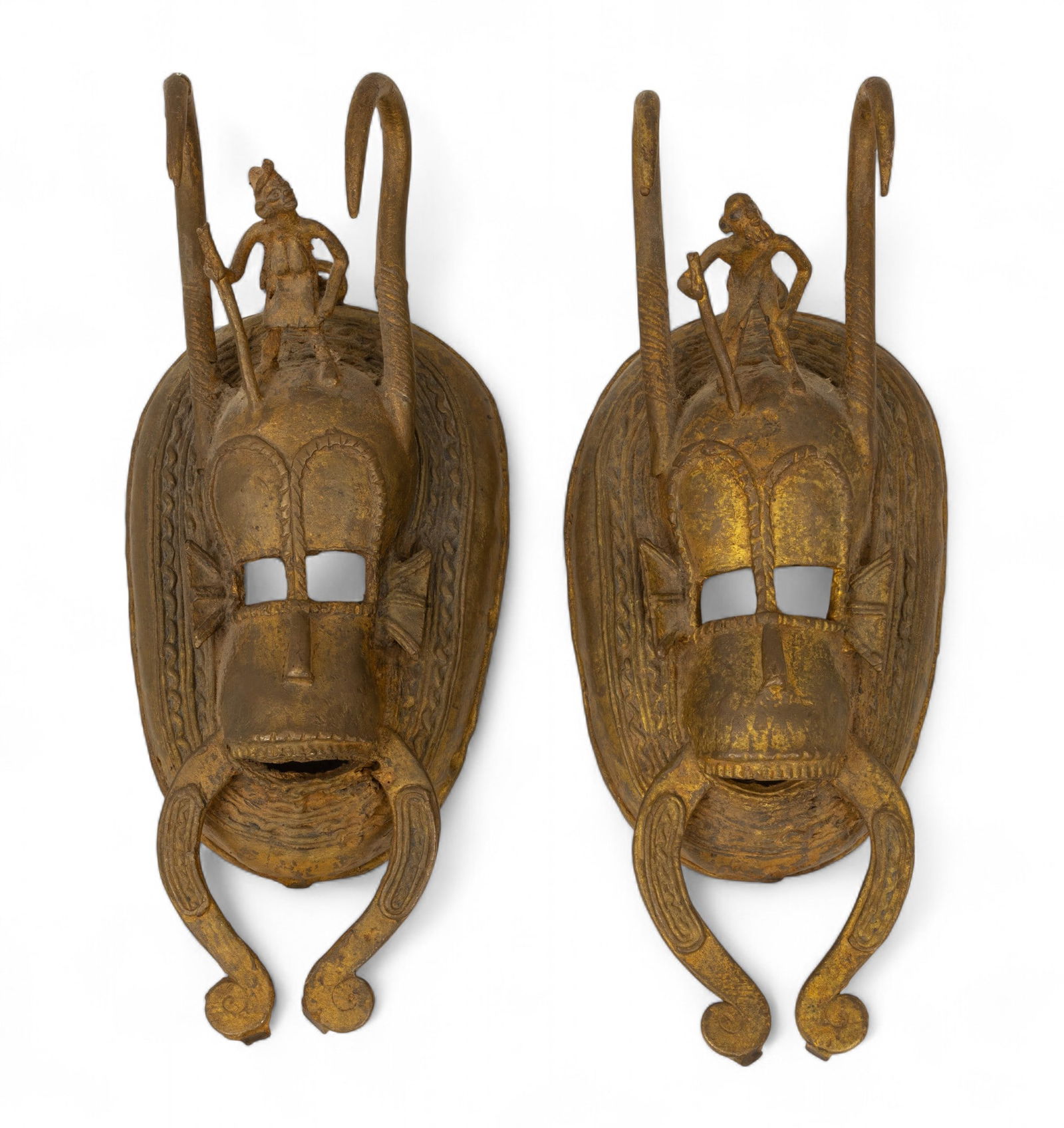 Akan or Baule (West African) Gold Colored Metal Decorative Masks H 11" W 4.5" Depth 3.75" 1 PAIR (1 of 2)