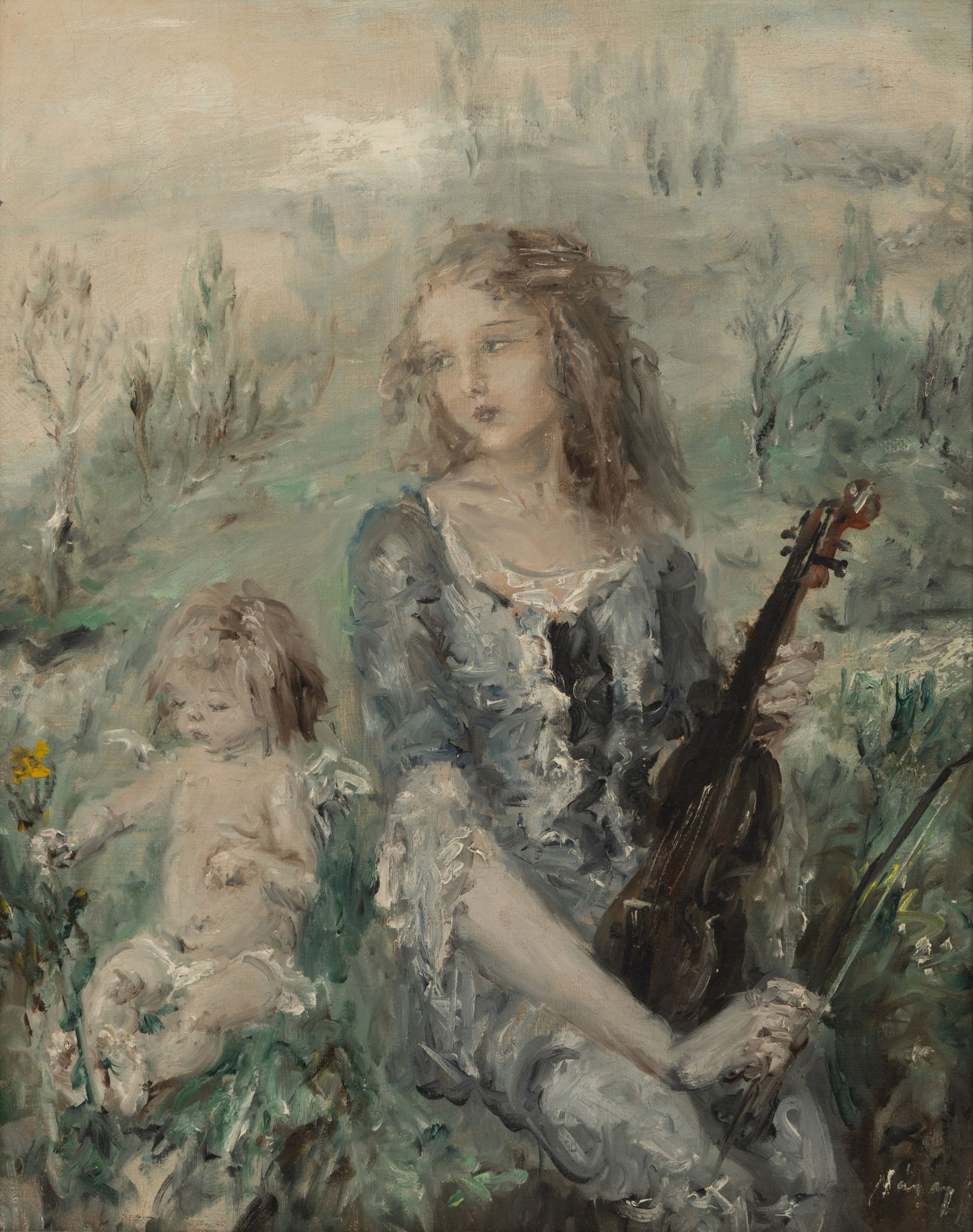Aurel Naray (Hungarian, 1883-1948) Oil on Canvas 1960, 'Young Girl with Violin', H 26" W 20" Frame (1 of 5)