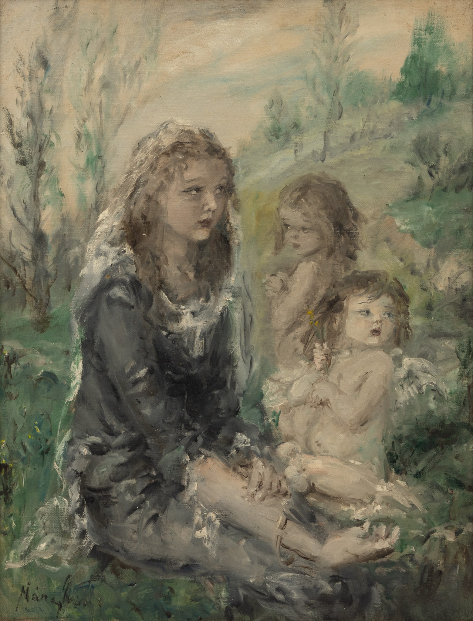 Aurel Naray (Hungarian, 1883-1948) Oil on Canvas 'Mother and Two Children', H 26" W 20" Frame Size: (1 of 5)