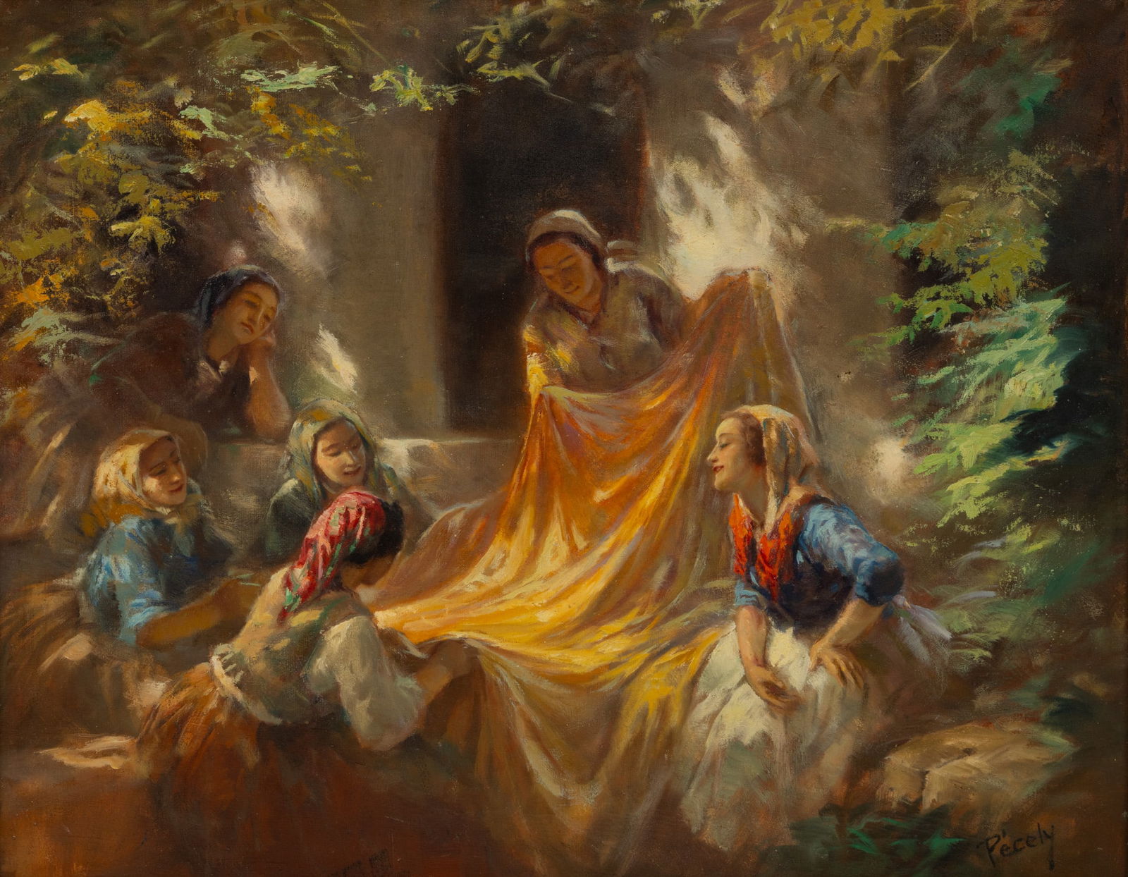 Antal Anton Peczely, Oil on Canvas 'Five Women Inspecting Materia.', H 24" W 30" Frame Size: H 31" (1 of 7)