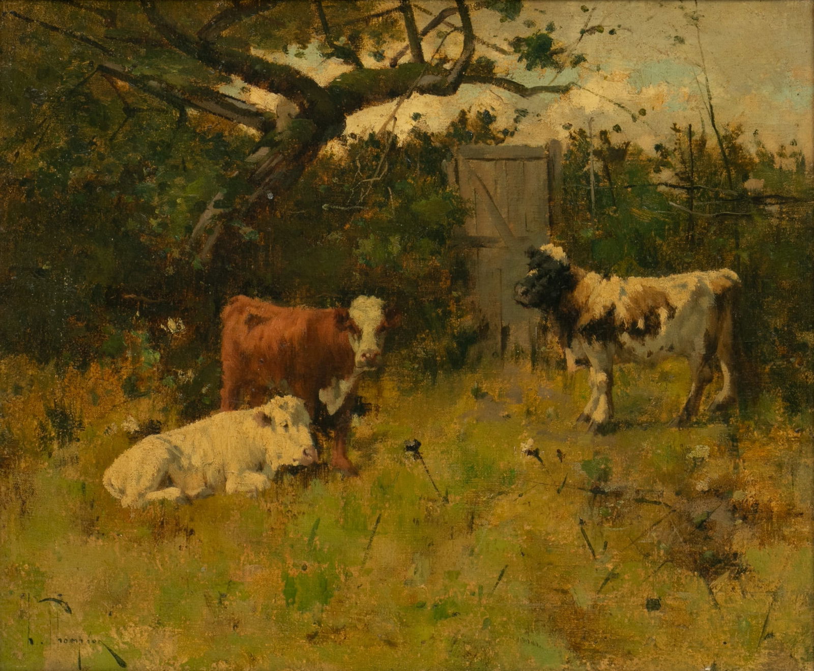 Harry Ives Thompson (American, 1840-1906) Oil on Canvas, Pastoral Scene with Three Cows H 18.5" W (1 of 6)