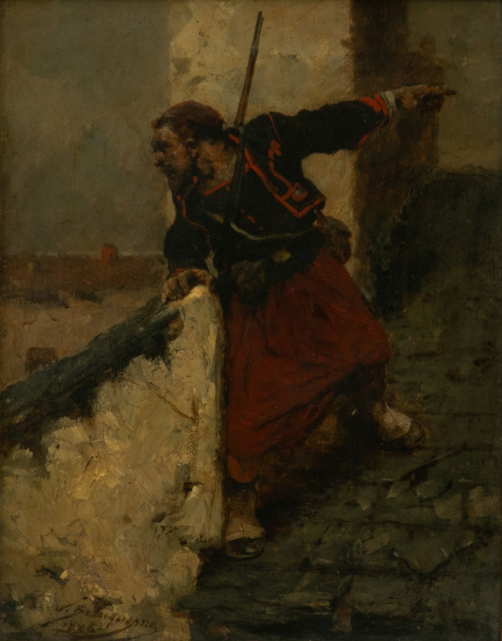 William Constant Beauquesne (French, 1847-1913) Oil on Mahogany Panel, 1886, 'Zouave on Lookout (1 of 4)