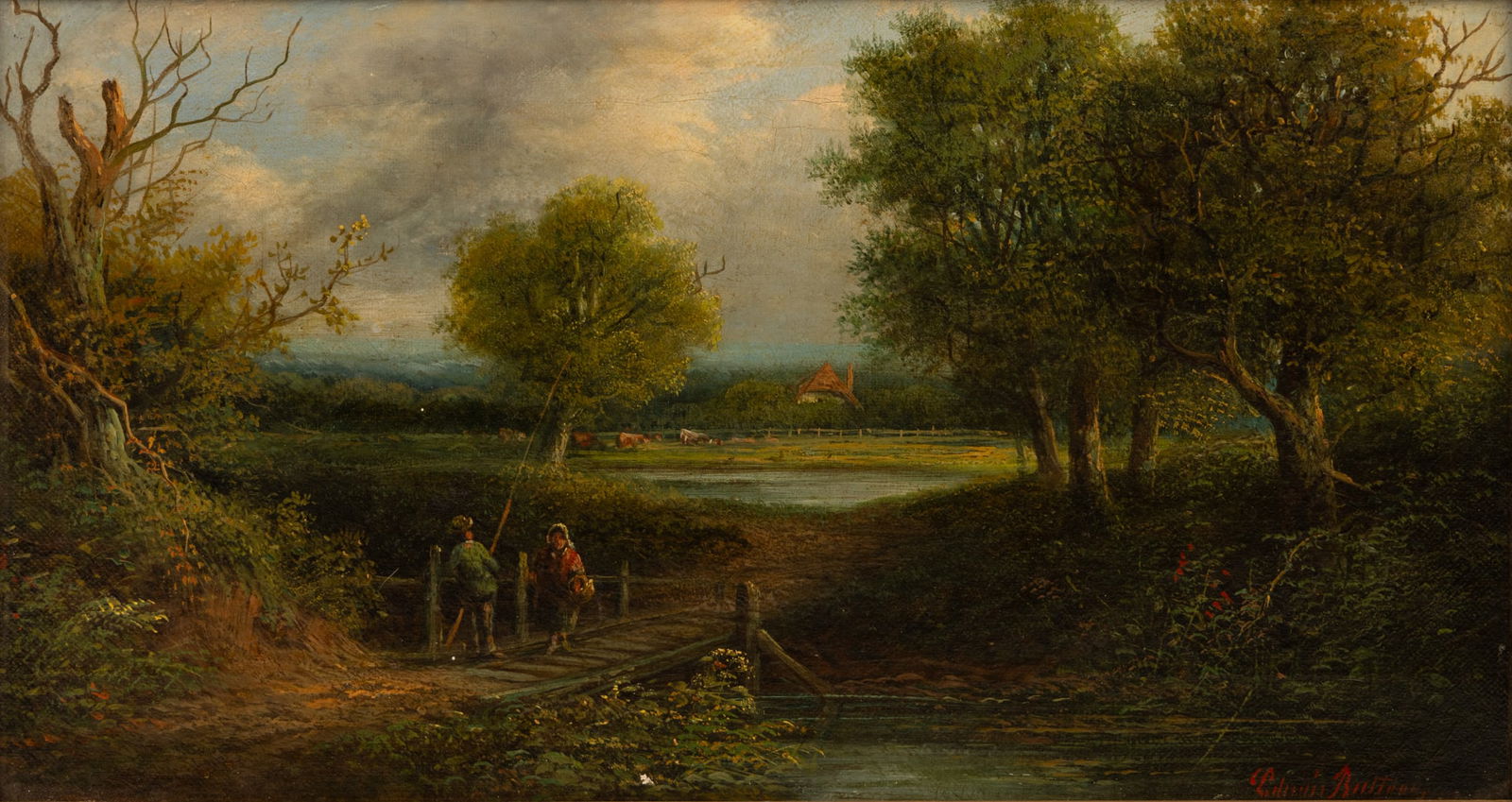 Edwin Buttery (British, 1839-1908) Oil on Canvas 'Fisherman in a Rural English Landscape', H 10.25" (1 of 4)