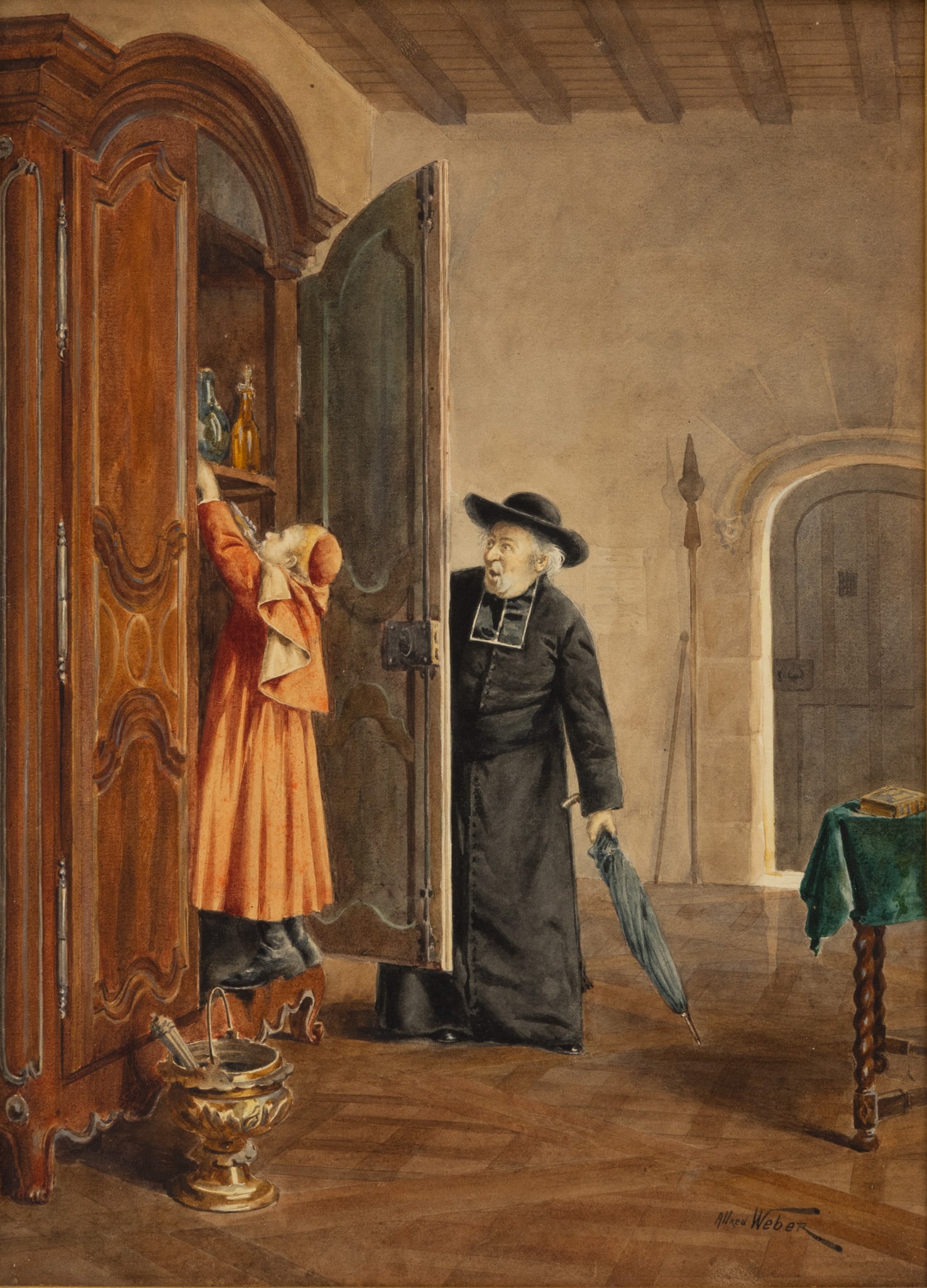 Alfred Weber (French, 1862-1922) Watercolor 'Caught in the Act', H 13.75" W 10" Frame Size: H 22" W: Alfred Weber (French, 1862-1922) Watercolor 'Caught in the Act', H 13.75" W 10" Frame Size: H 22" W 18" Depth 2" Depicting a scene of a naughty altar boy. Signed lower right. Dimensions: H 13.75" W 10