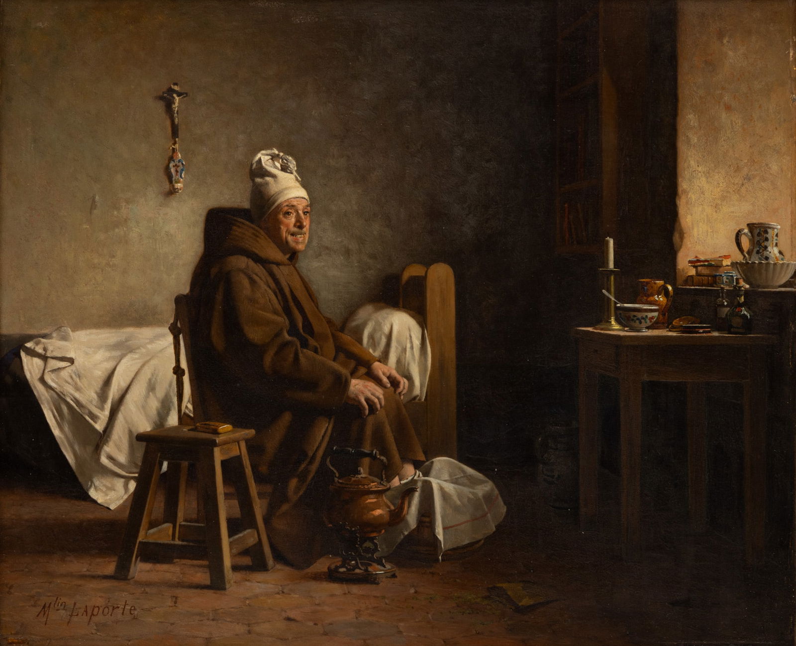 Marcellin Jean Laporte (French, 1839-1906) Oil on Canvas 'Monk Soaking His Feet', H 14.5" W 17.75" F (1 of 6)