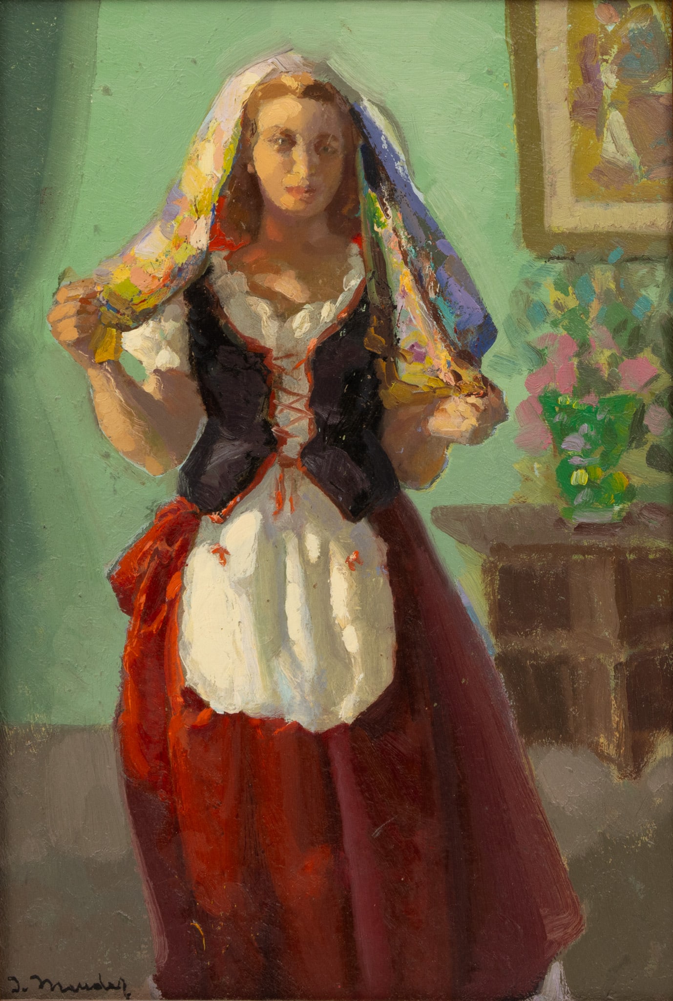 Italian Oil on Artist Board, 20th C., 'Portrait of a Woman', H 13.5" W 9.125" Frame Size: H 17.75": Italian Oil on Artist Board, 20th C., 'Portrait of a Woman', H 13.5" W 9.125" Frame Size: H 17.75" W 13.5" Illegibly signed in the lower left. Full length portrait of a woman wearing a dark bodice, wh