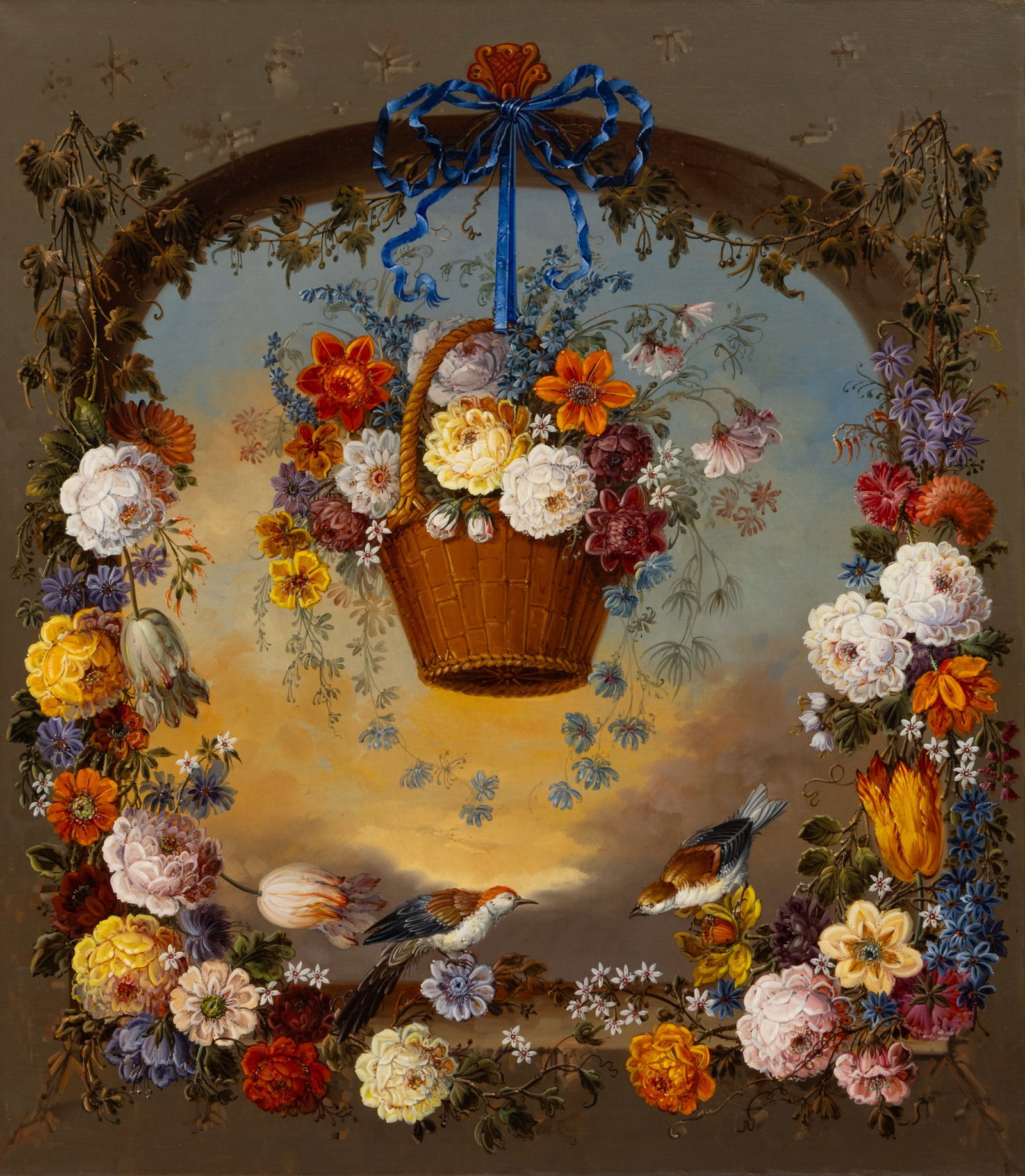 Jeannine Albert (French, B. 1939) Oil on Canvas 20th Cen., 'Floral Wreath with Birds', H 32" W 28" (1 of 6)