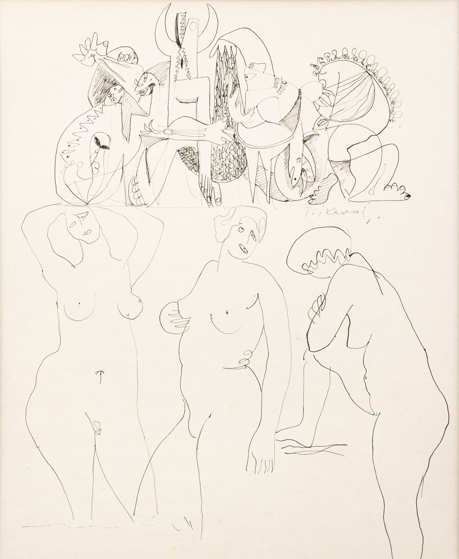 20th Century Ink Drawing on Paper 'Three Nudes', H 17.5" W 14.5" Frame Size: H 29" W 26" (1 of 7)