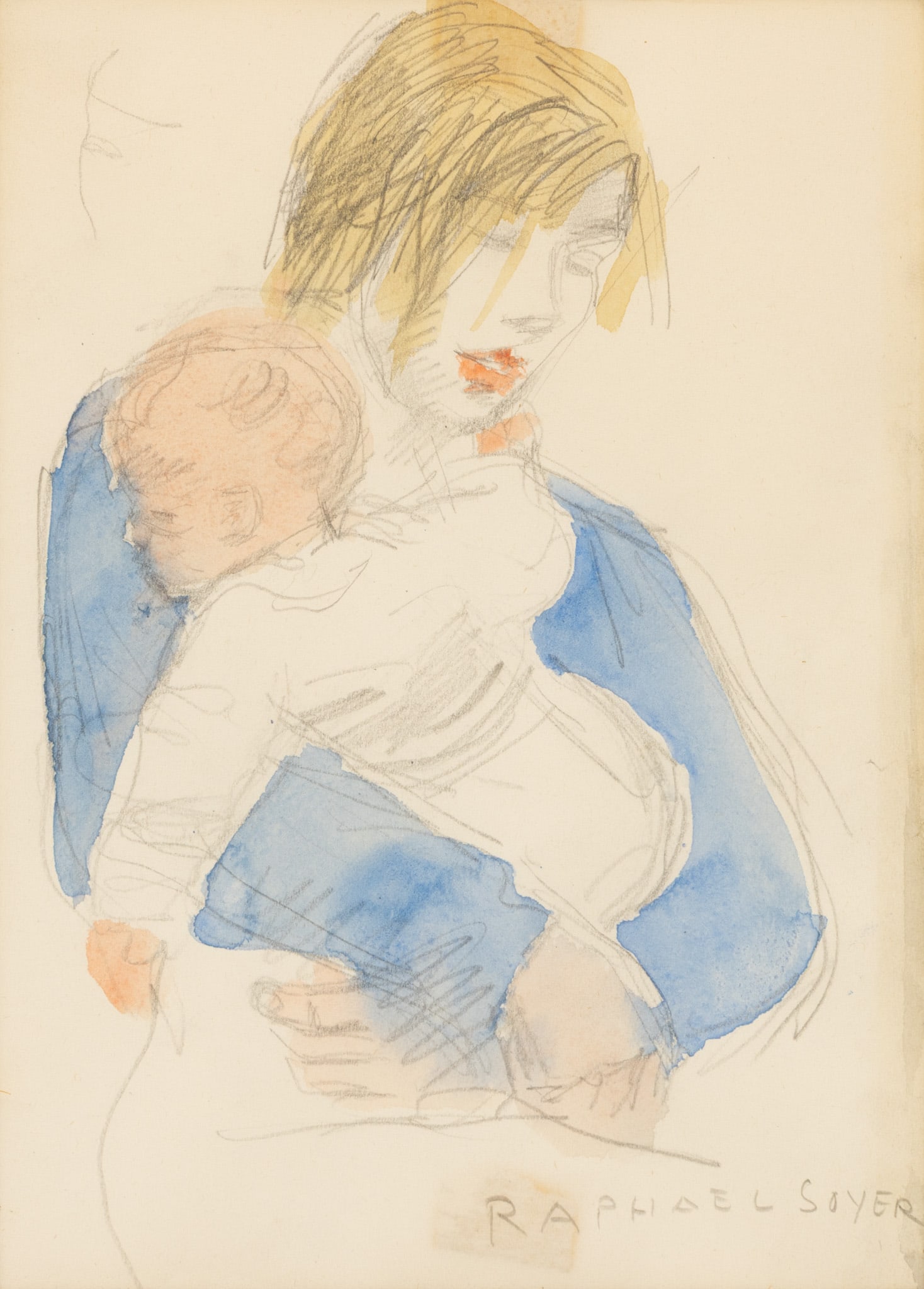 Raphael Soyer (American, 1899-1987) Watercolor and Graphite on Paper 'Mother and Child', H 10" W (1 of 5)