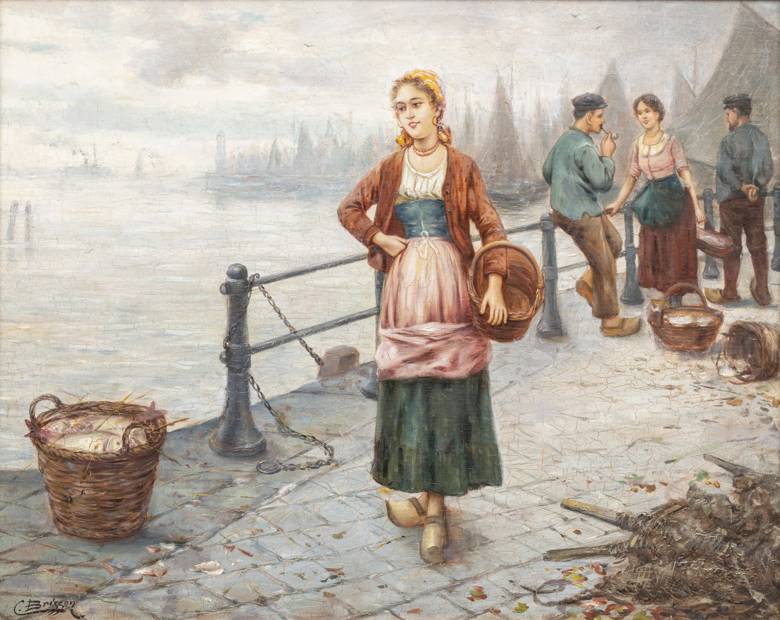 C. Briggen, (Dutch) Oil on Canvas 1910, 'Four Figures on Wharf', H 16" W 20" Frame Size: H 22" W 26": C. Briggen, (Dutch) Oil on Canvas 1910, 'Four Figures on Wharf', H 16" W 20" Frame Size: H 22" W 26" Signed lower left. Original canvas. Baroque wood and gesso frame. Provenance: Property 