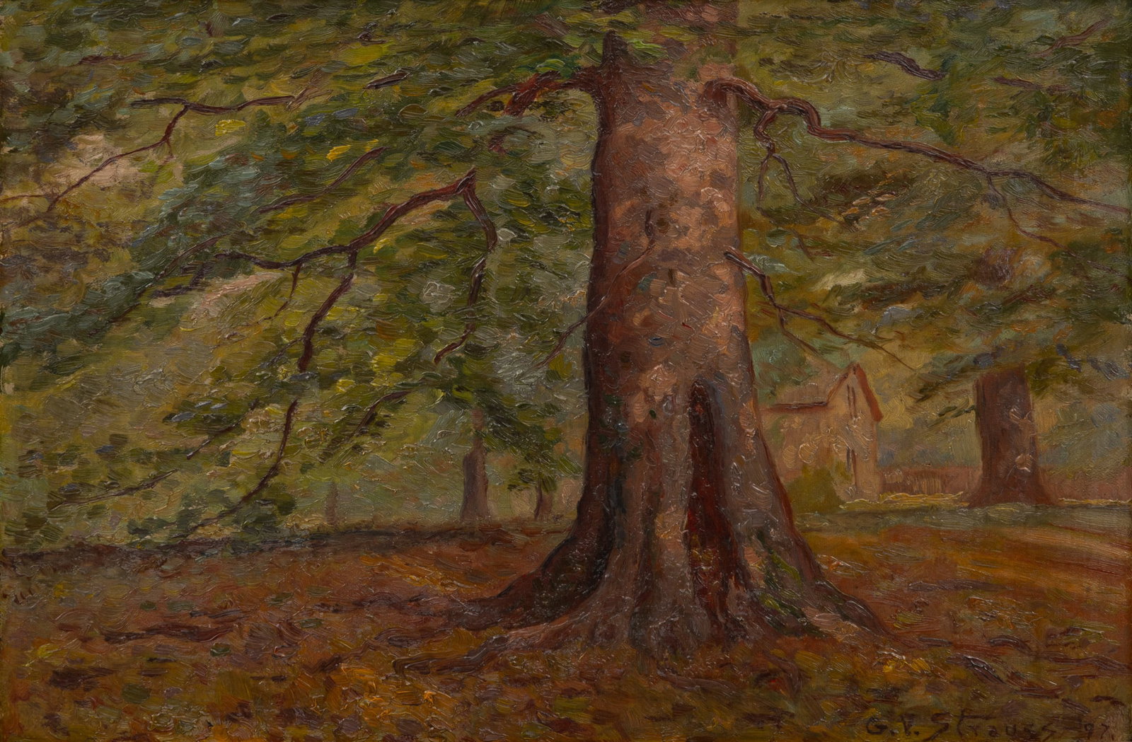 Glenn Vernon Strauss (American/Indiania, 1870-1906) Oil on Canvas 1897, 'Indiania Landscape', H 12": Glenn Vernon Strauss (American/Indiania, 1870-1906) Oil on Canvas 1897, 'Indiania Landscape', H 12" W 18" Frame Size: H 19" W 25" Landscape of trees by a country house. Signed and dated '97 lower righ